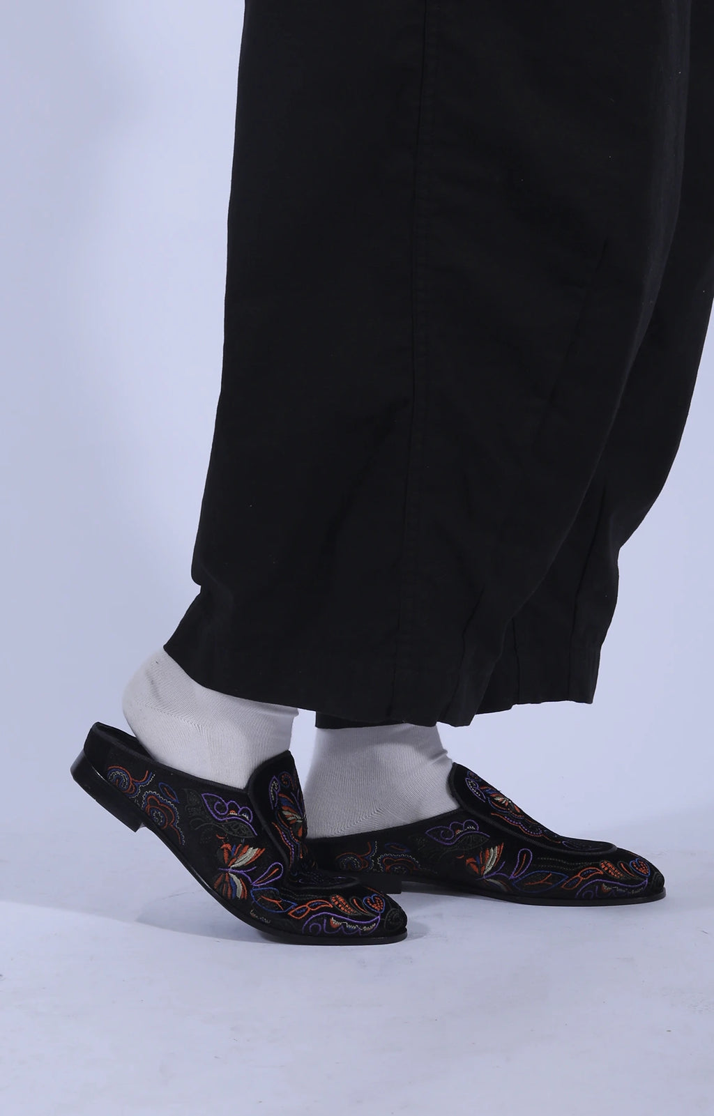 Black Velvet Mule Papillon Embroidery