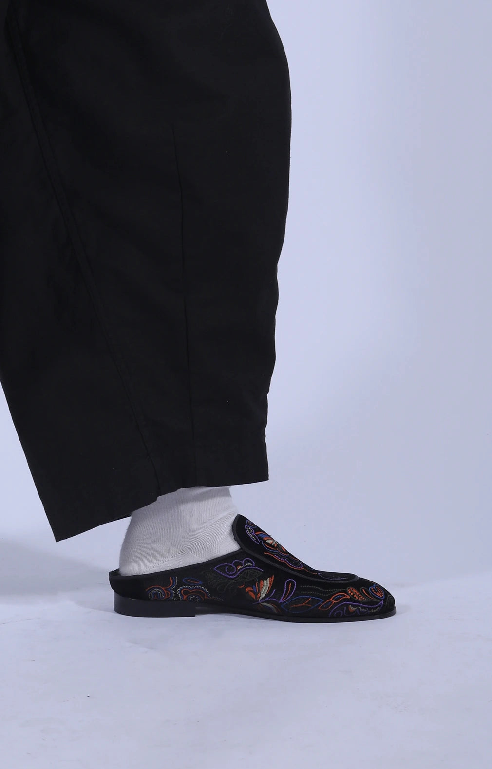 Black Velvet Mule Papillon Embroidery
