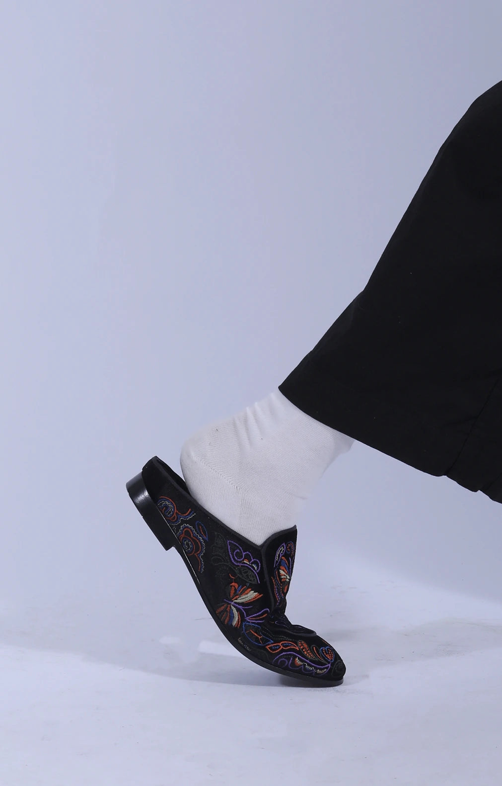 Black Velvet Mule Papillon Embroidery
