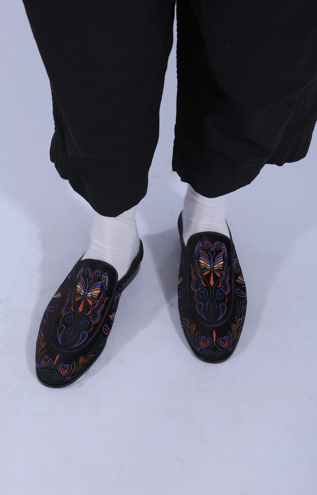 Black Velvet Mule Papillon Embroidery