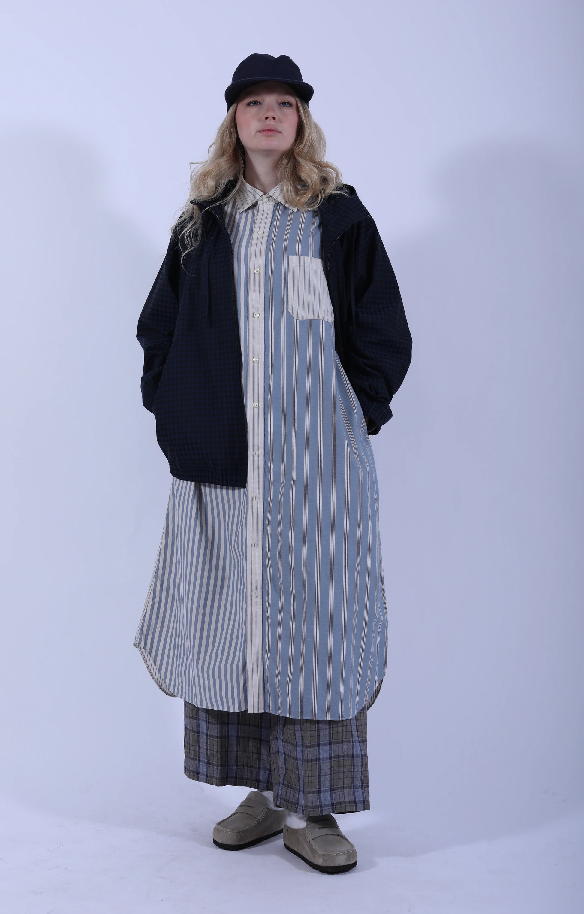 Crazy Comb. Baggy Shirt Dress Blue