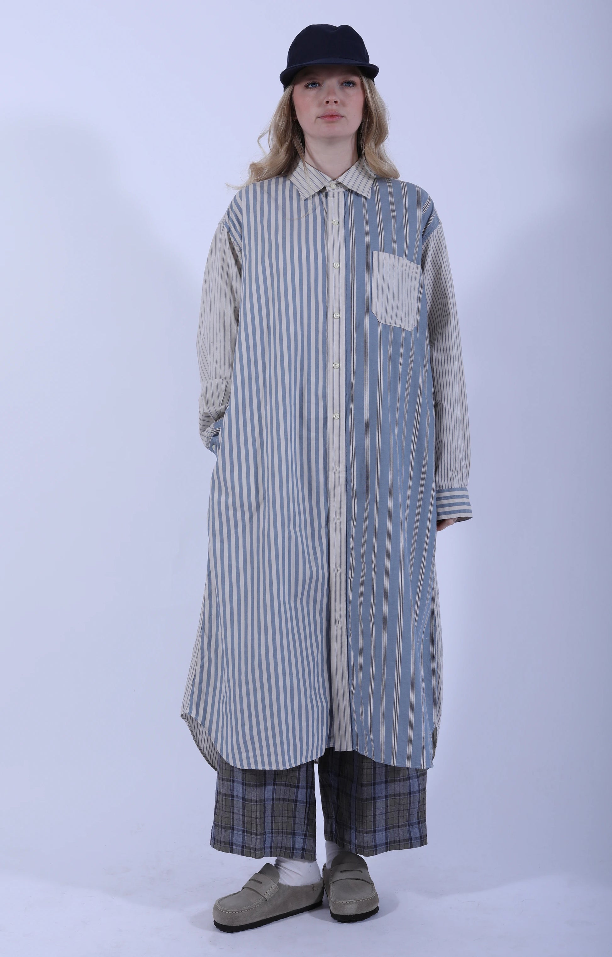 Crazy Comb. Baggy Shirt Dress Blue
