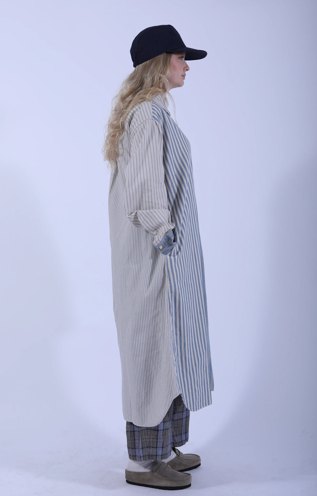 Crazy Comb. Baggy Shirt Dress Blue