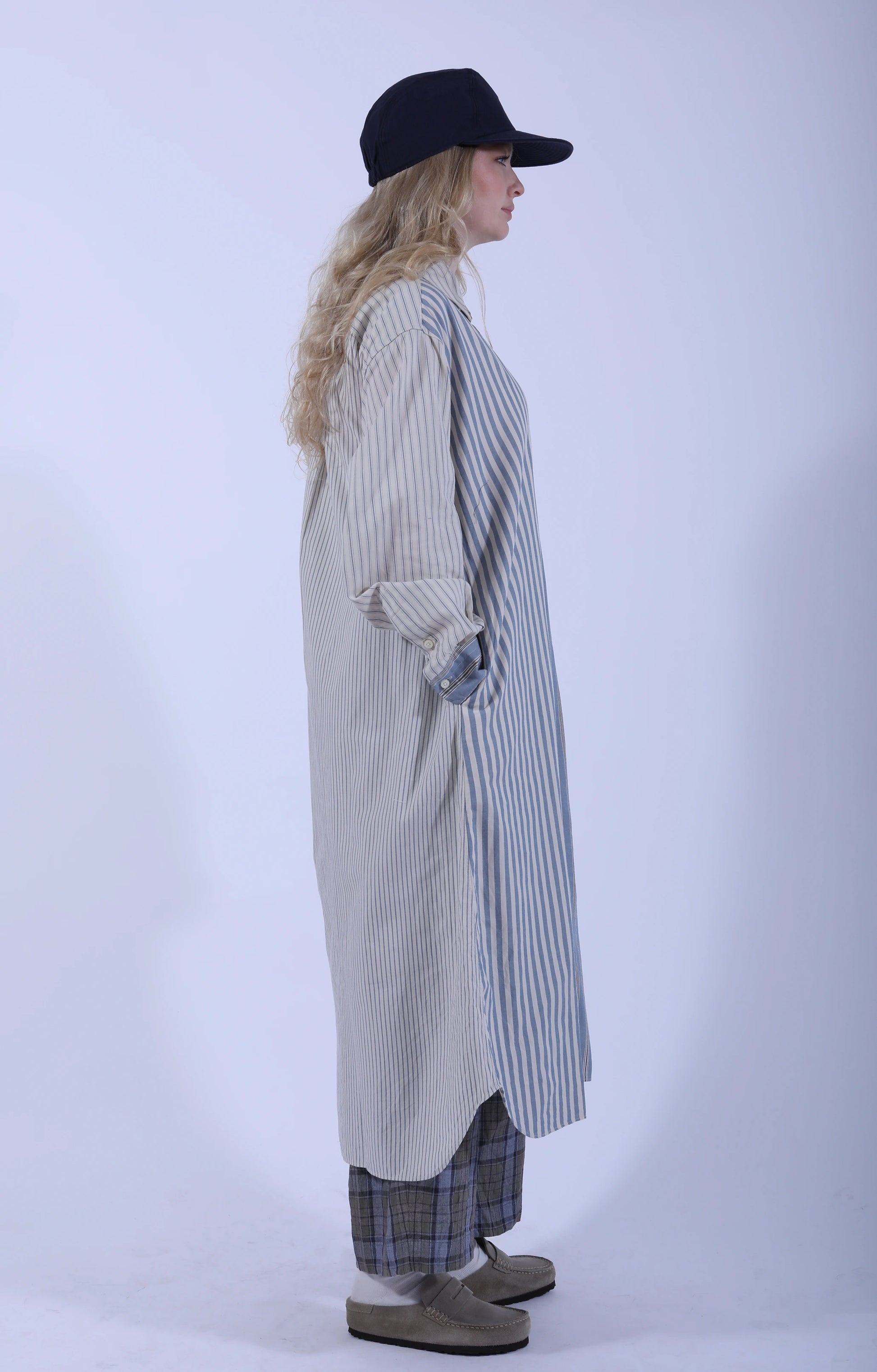 Crazy Comb. Baggy Shirt Dress Blue