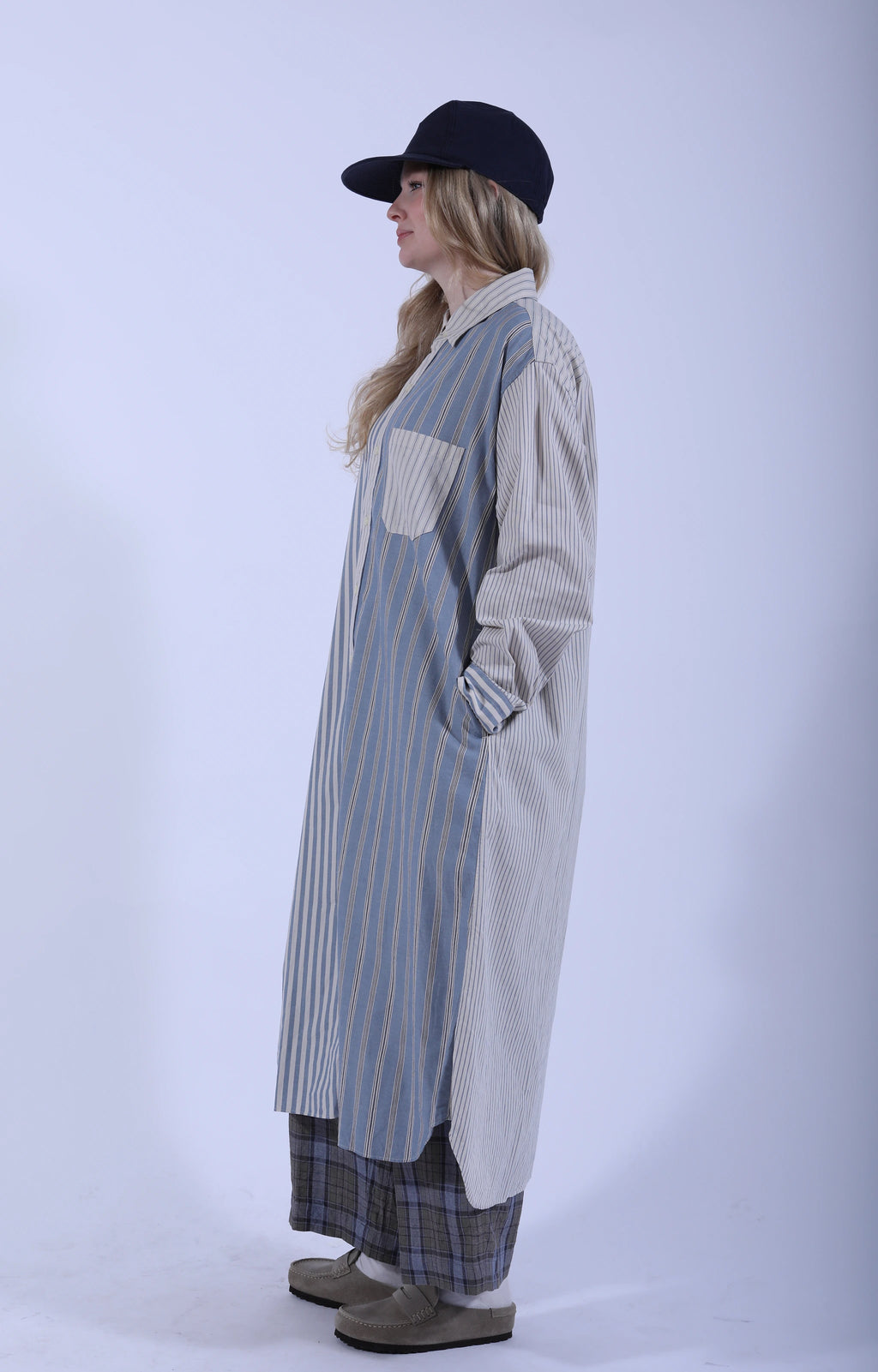Crazy Comb. Baggy Shirt Dress Blue