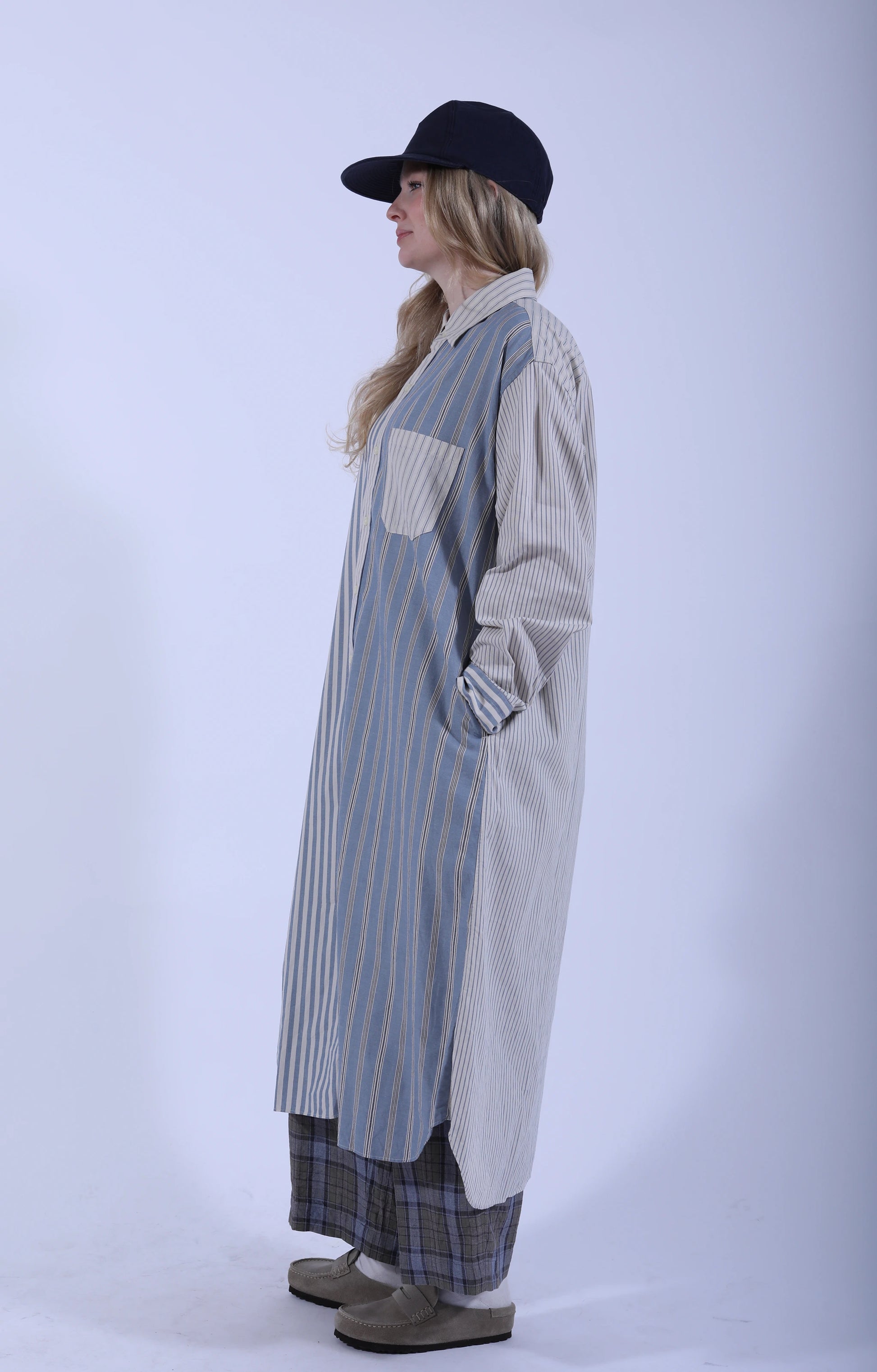 Crazy Comb. Baggy Shirt Dress Blue