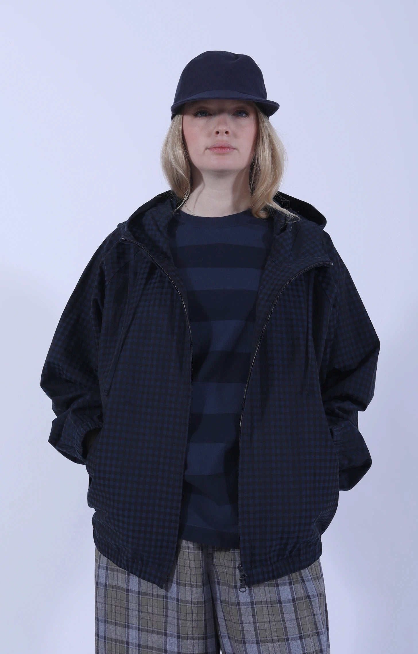 Raglan Zip Parka Gingham Navy