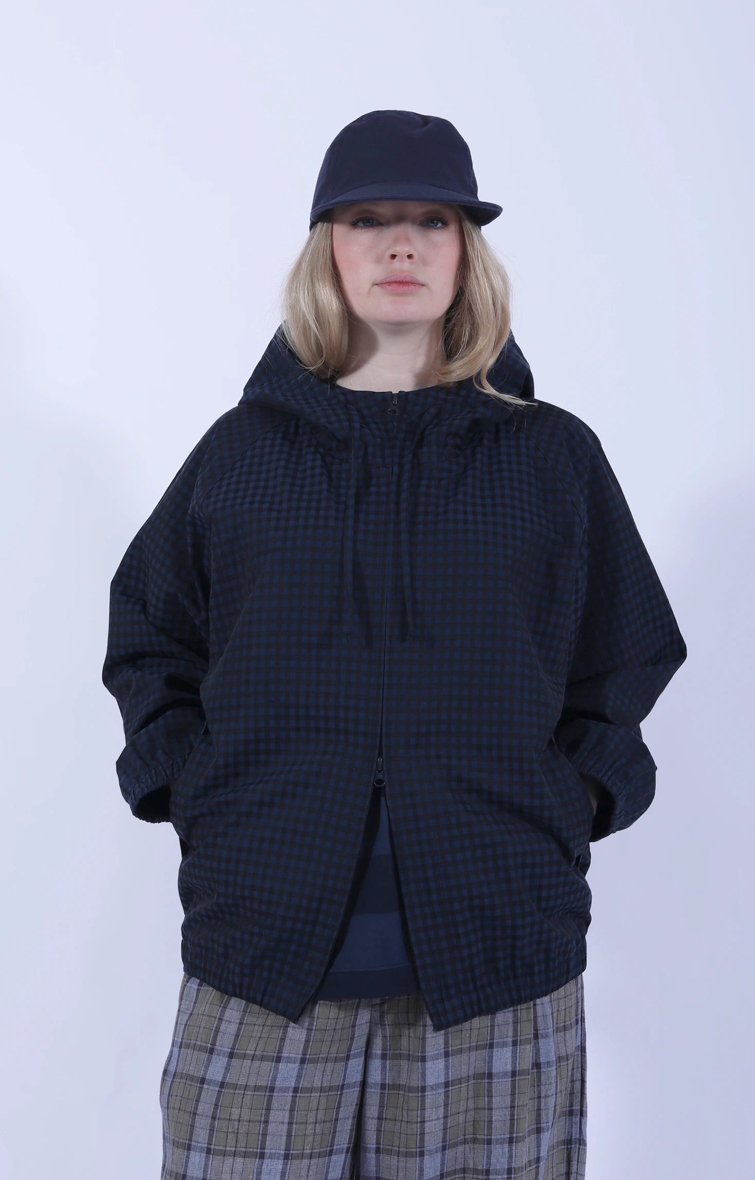 Raglan Zip Parka Gingham Navy