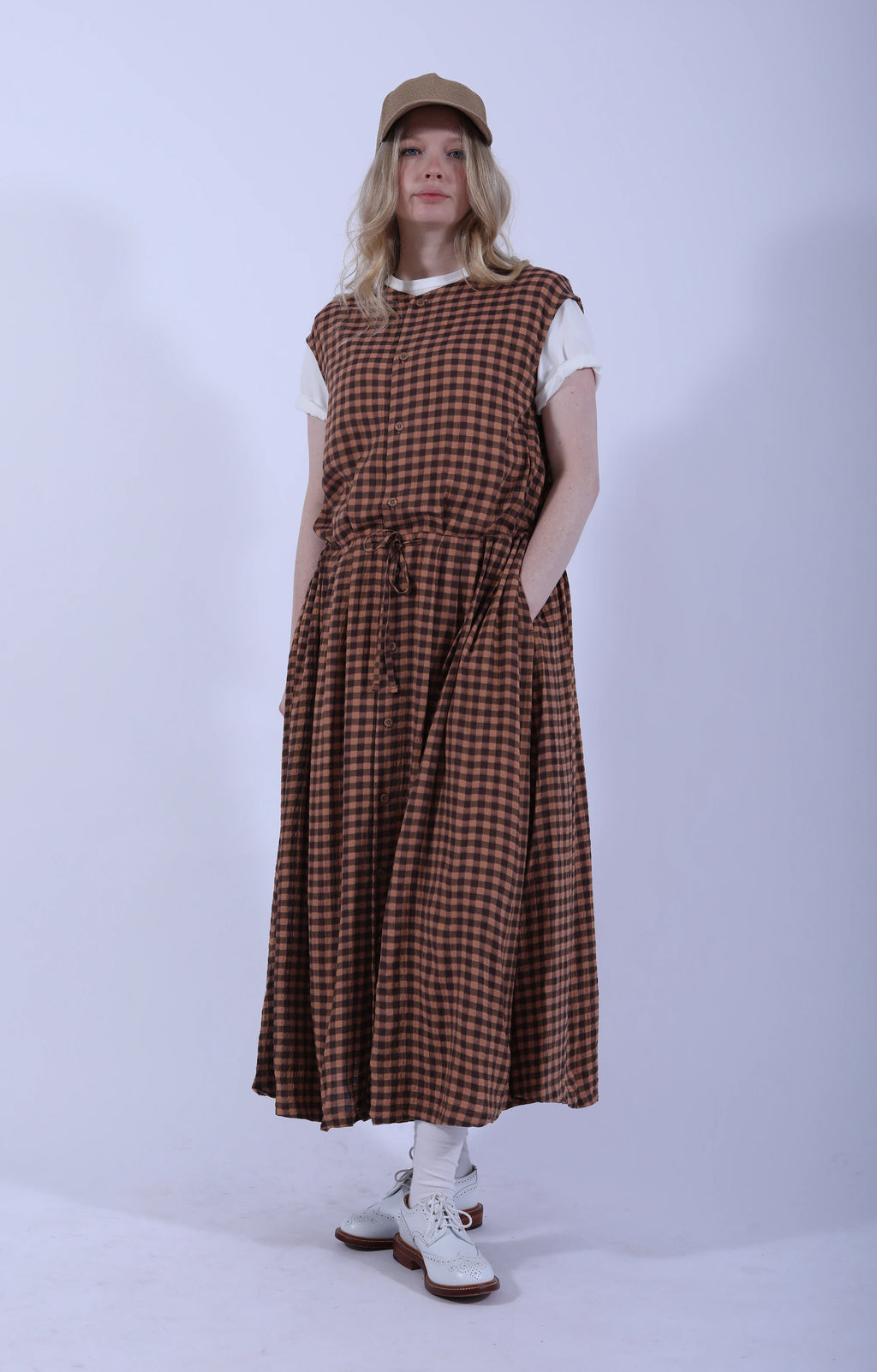 Sleeveless Drawstring Dress Gingham Brown