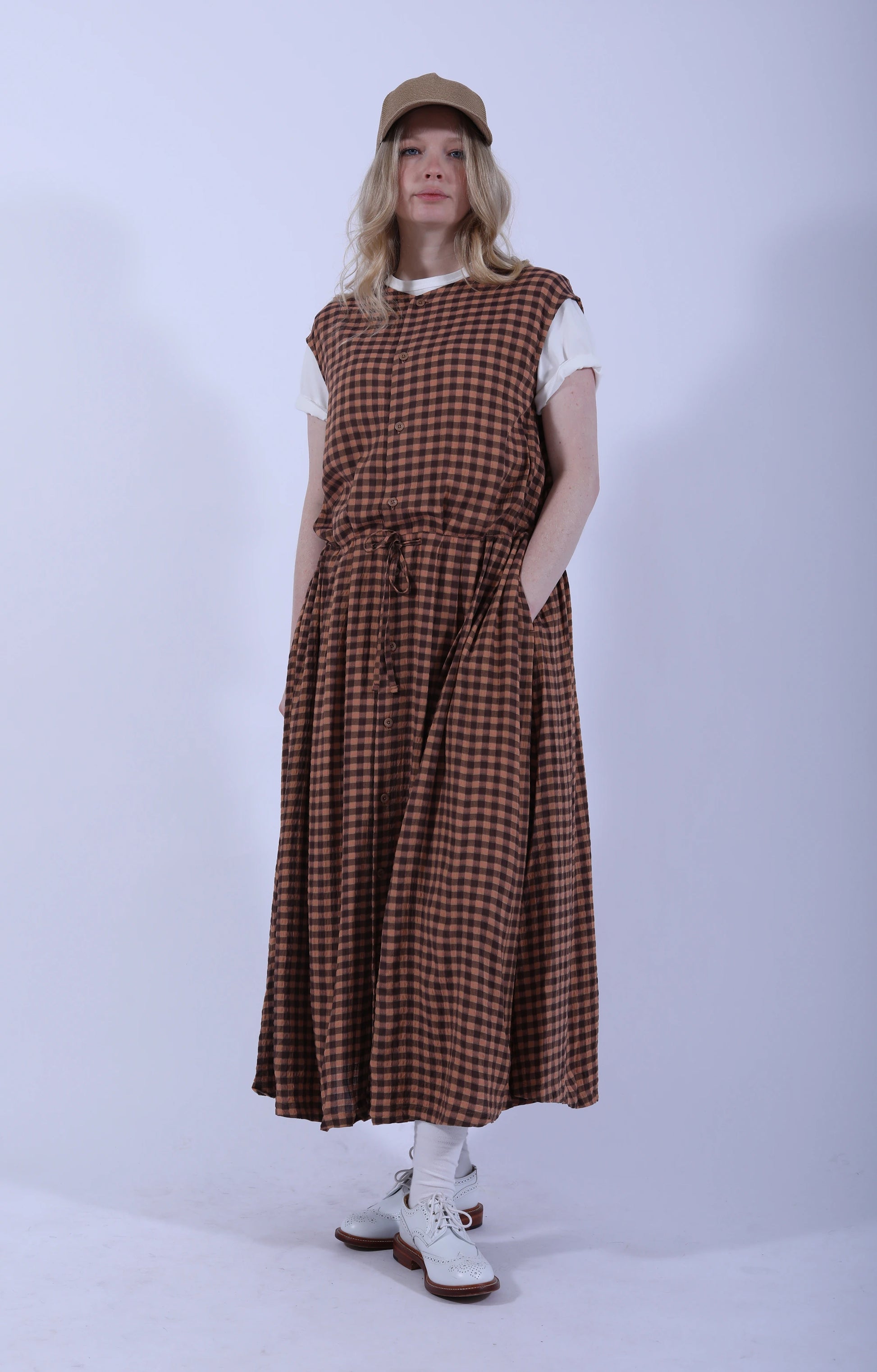 Sleeveless Drawstring Dress Gingham Brown