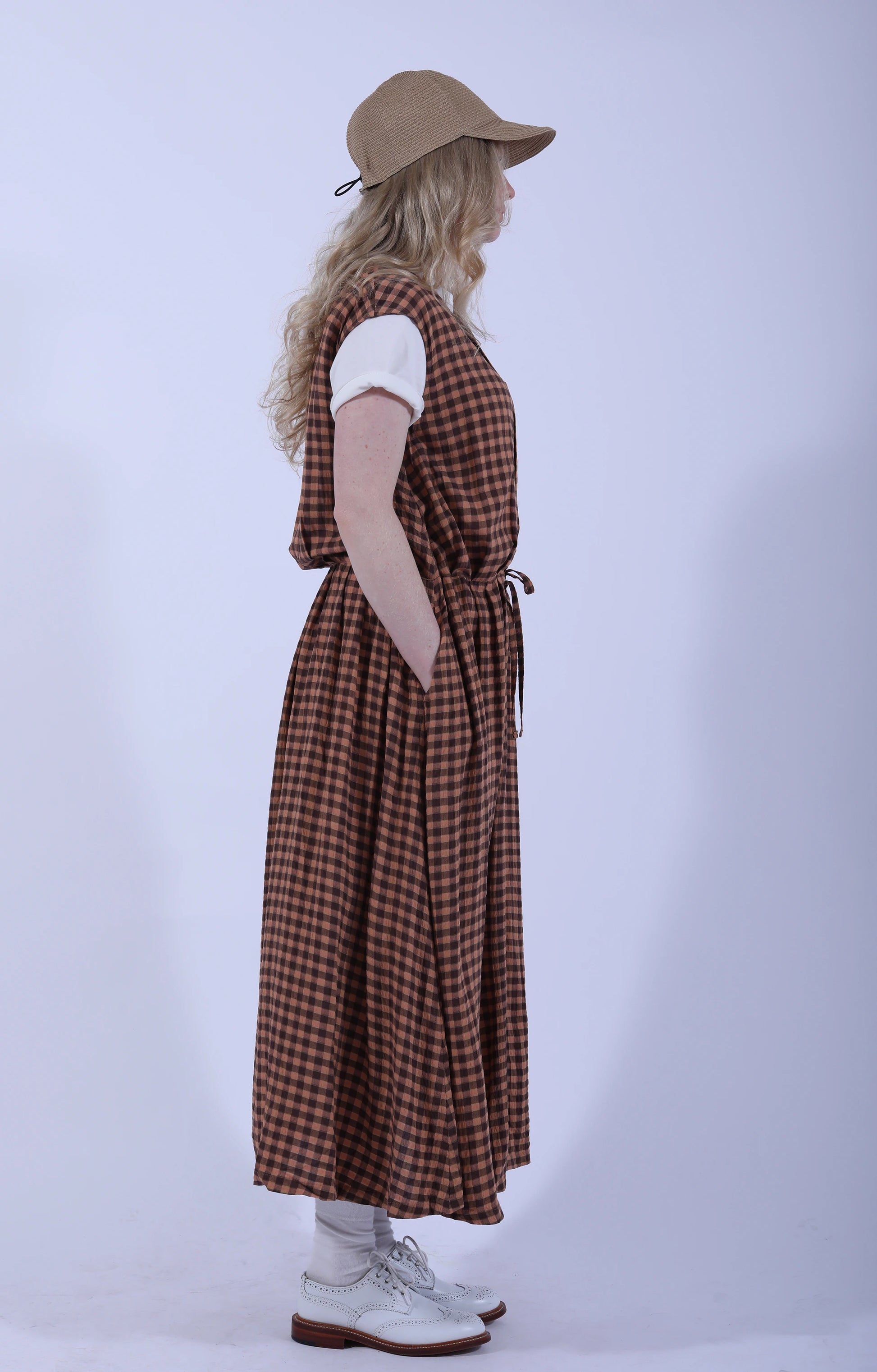 Sleeveless Drawstring Dress Gingham Brown