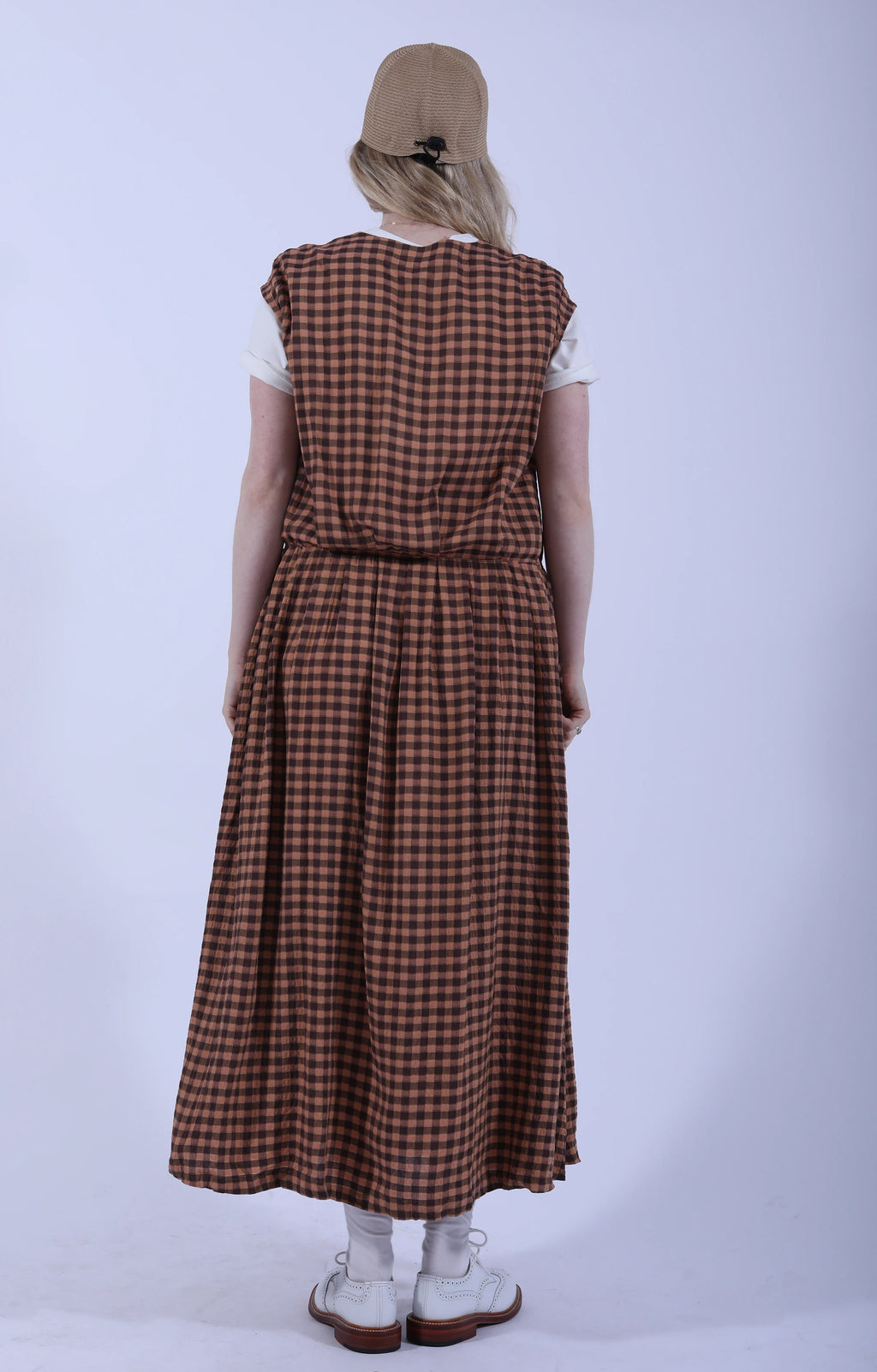 Sleeveless Drawstring Dress Gingham Brown