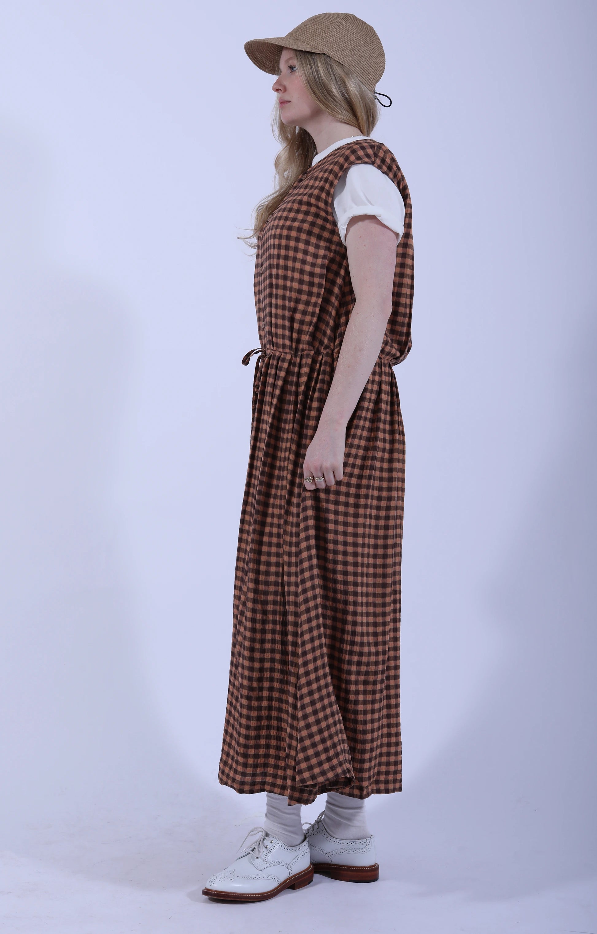 Sleeveless Drawstring Dress Gingham Brown