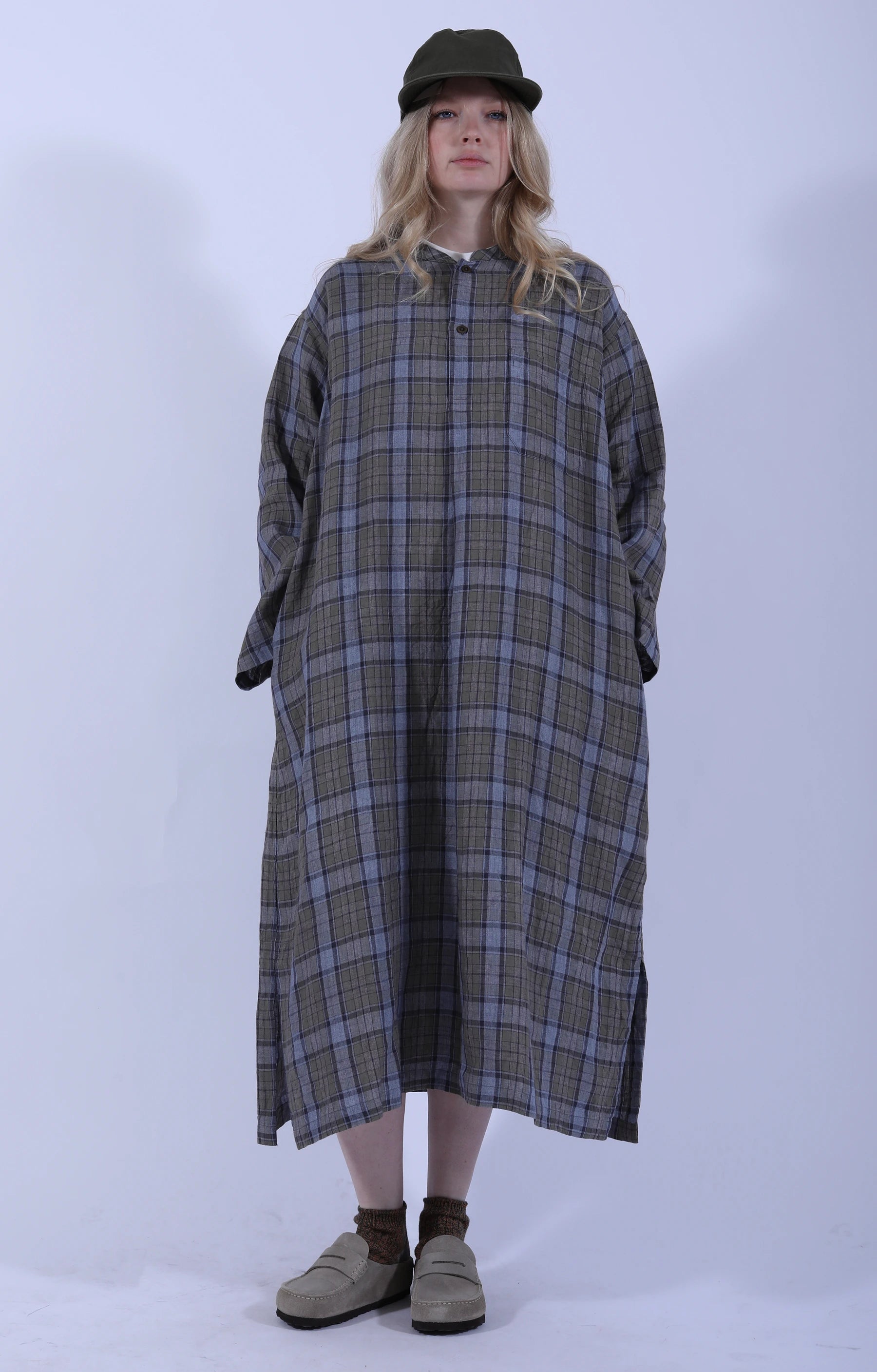 Stand Collar Kaftan Tartan Gray