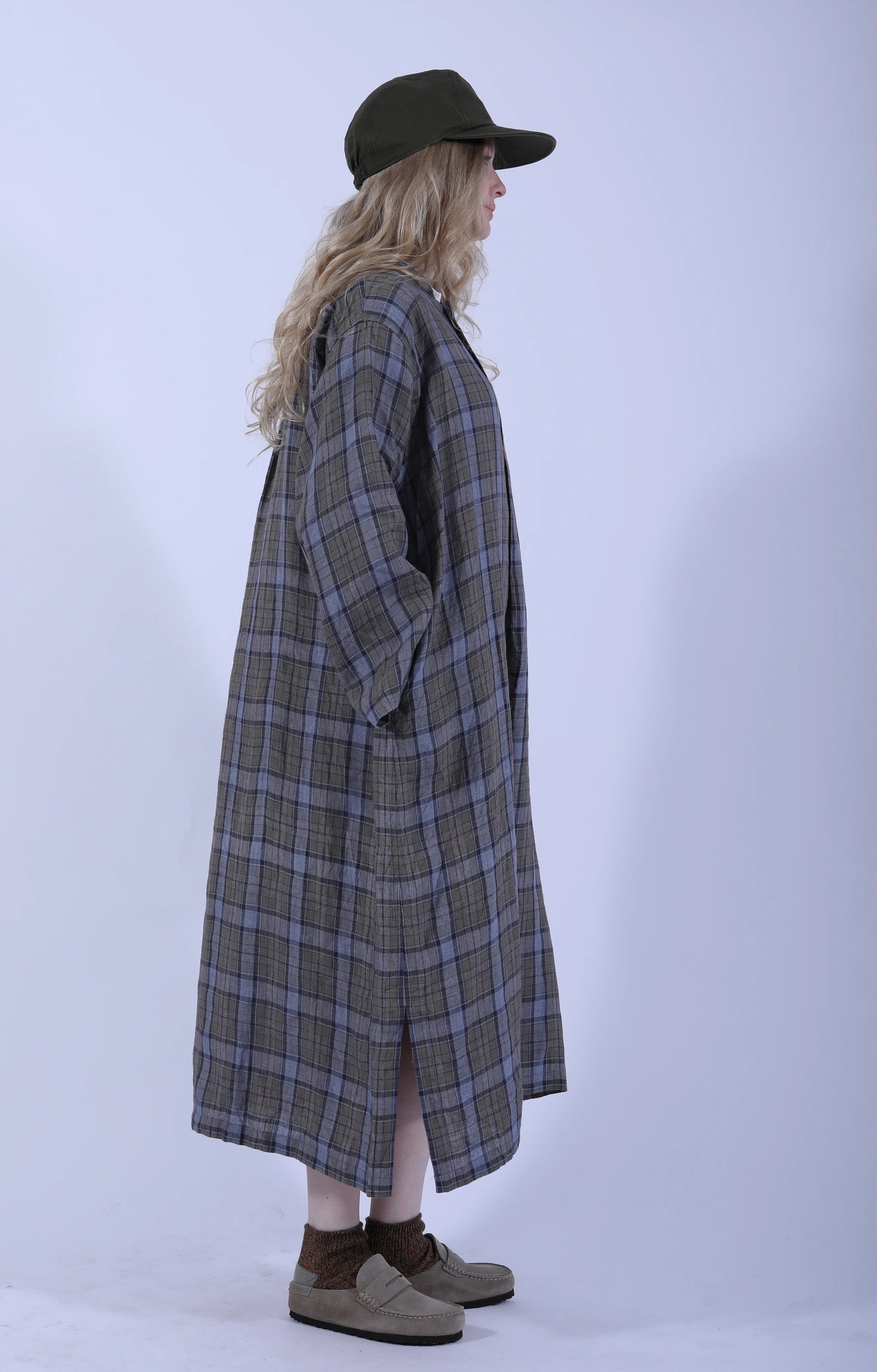 Stand Collar Kaftan Tartan Gray