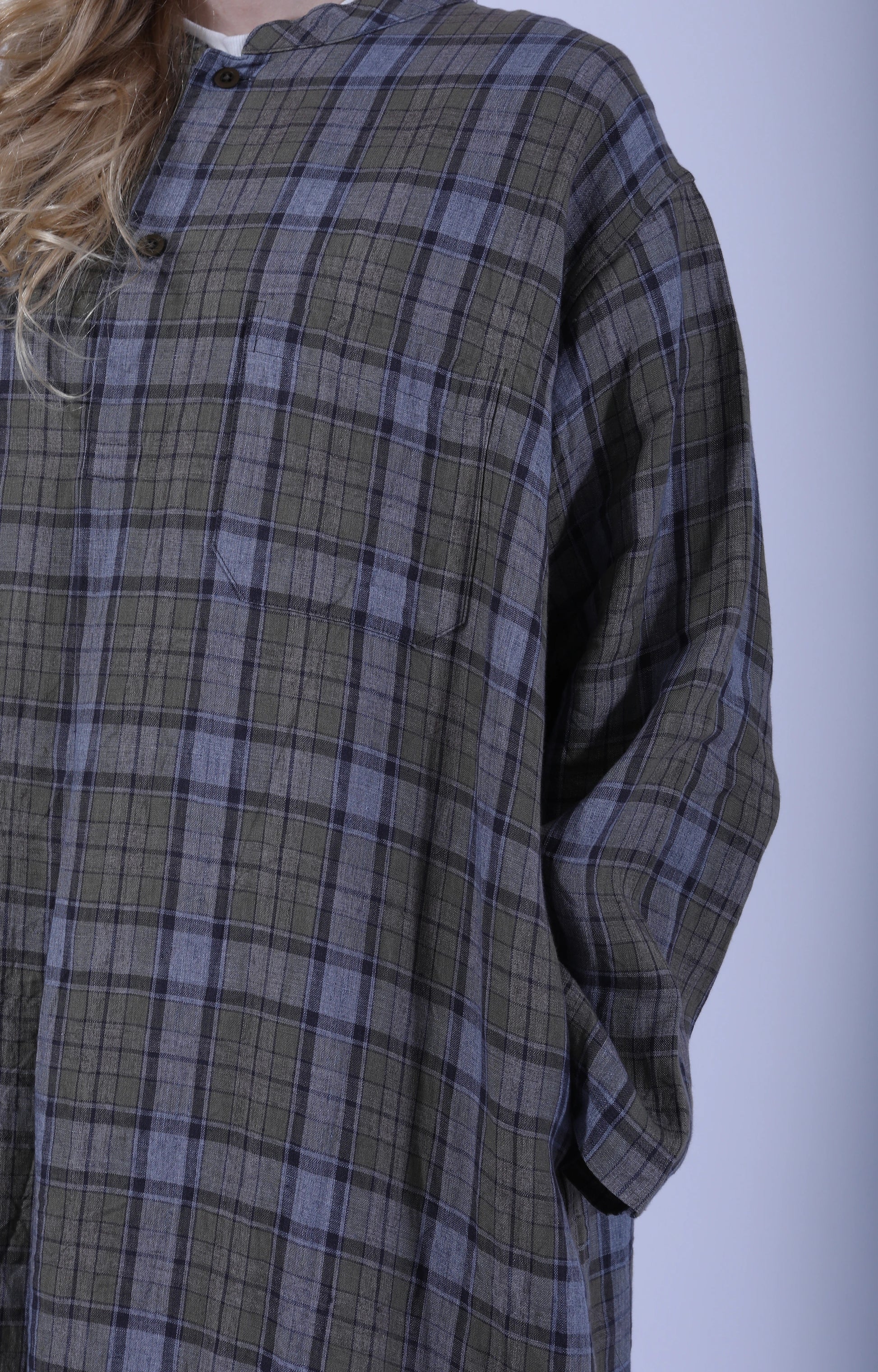 Stand Collar Kaftan Tartan Gray