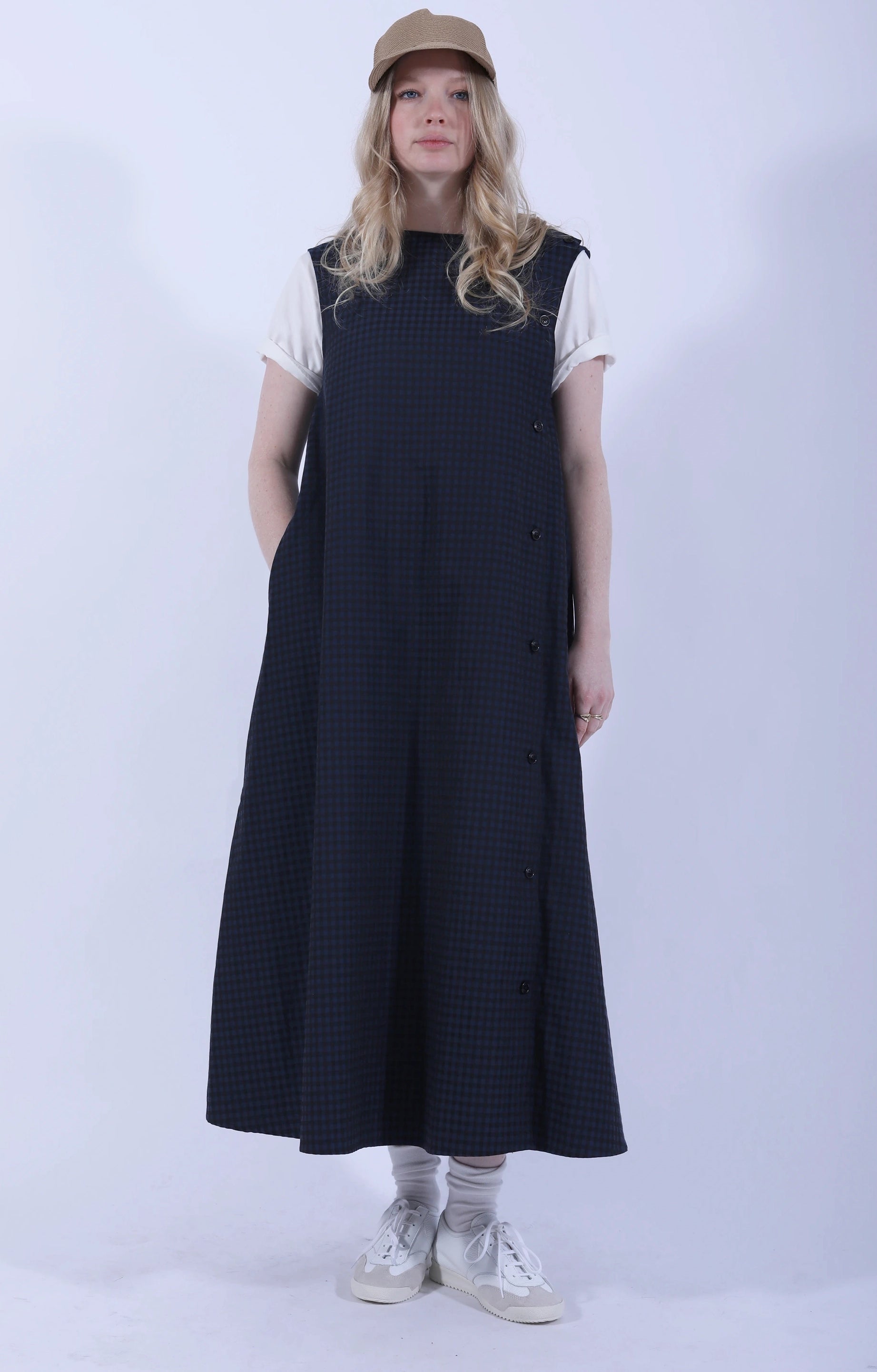 Side Button Sleeveless Dress Gingham Navy