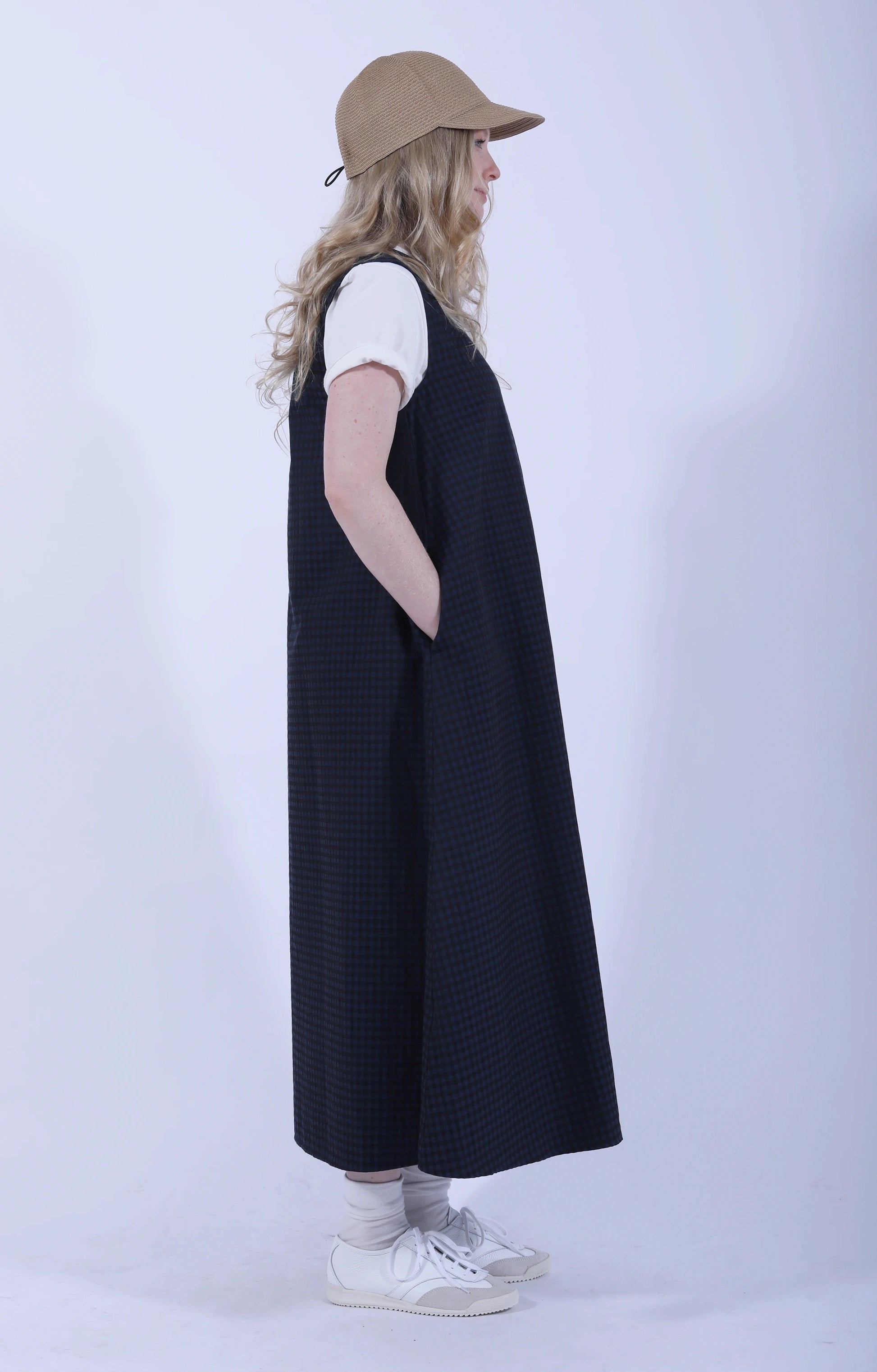 Side Button Sleeveless Dress Gingham Navy