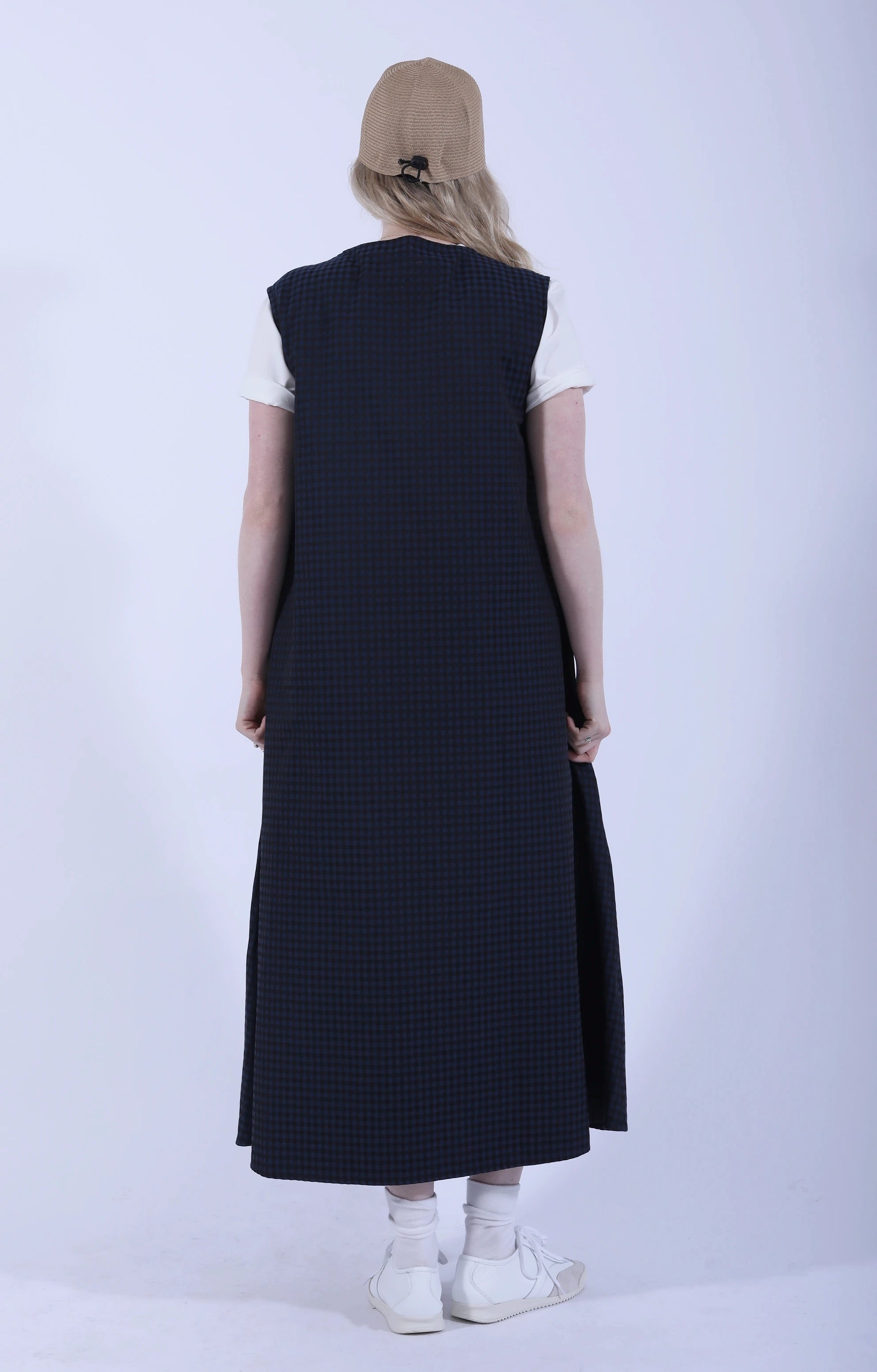 Side Button Sleeveless Dress Gingham Navy