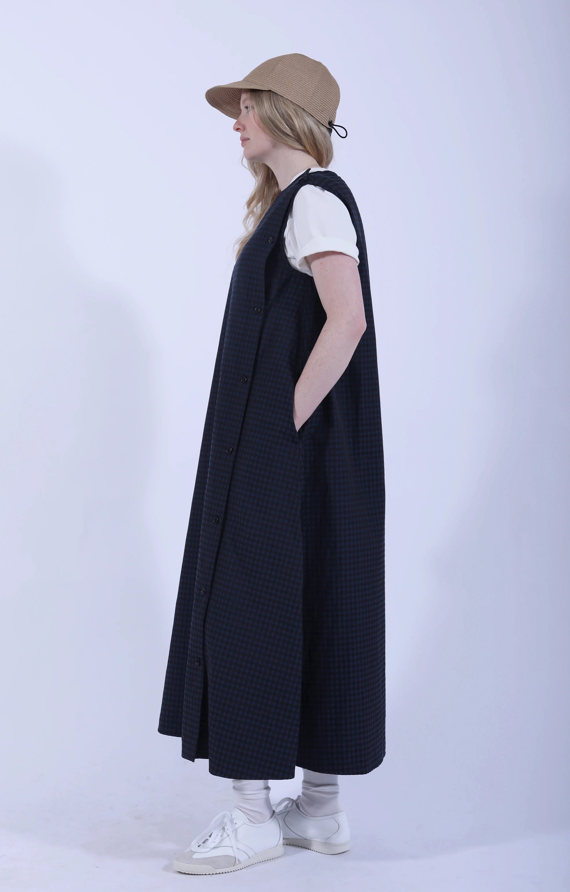 Side Button Sleeveless Dress Gingham Navy