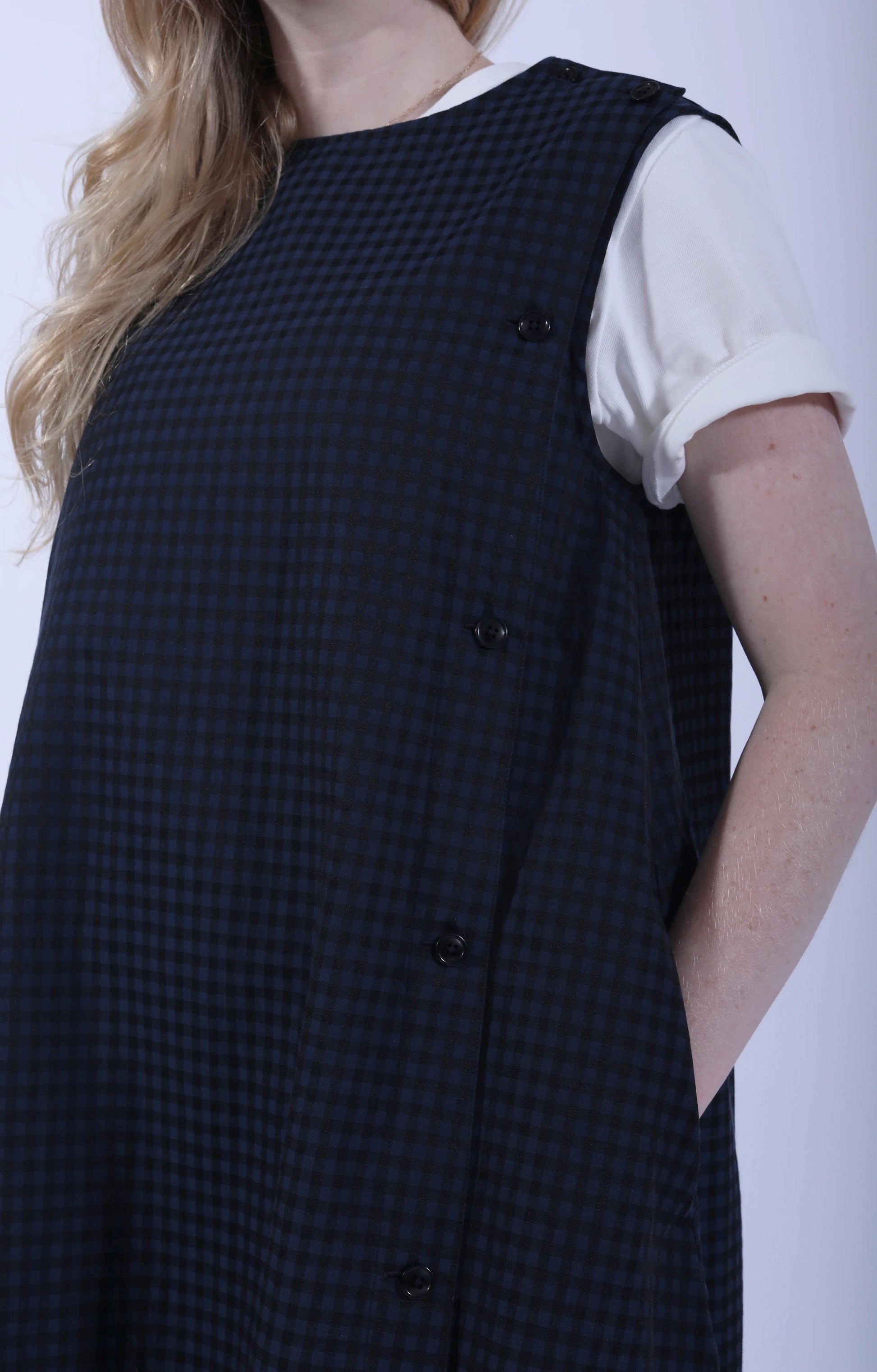 Side Button Sleeveless Dress Gingham Navy