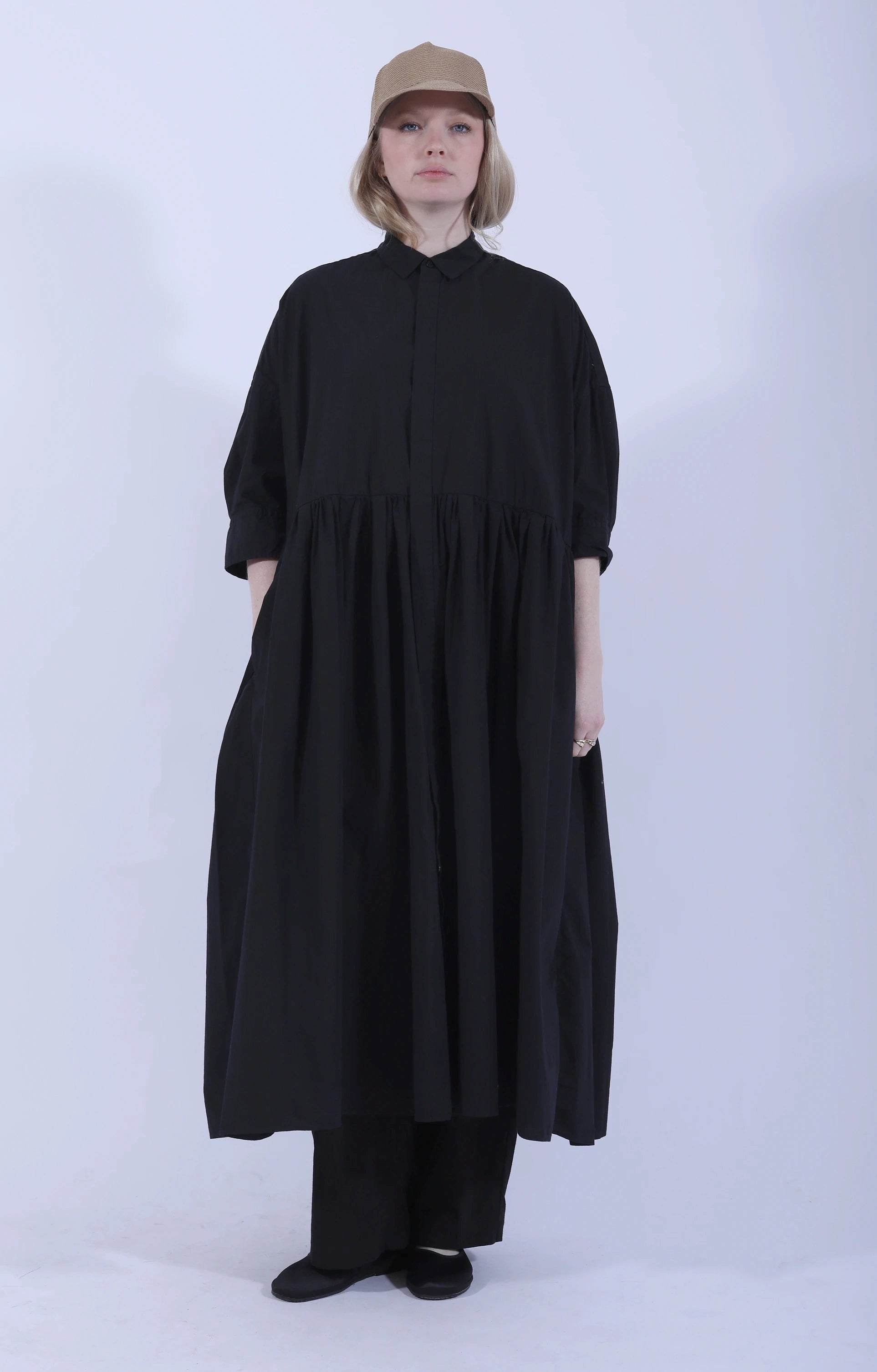 Random Pleated Shirt Dress Black-Navy