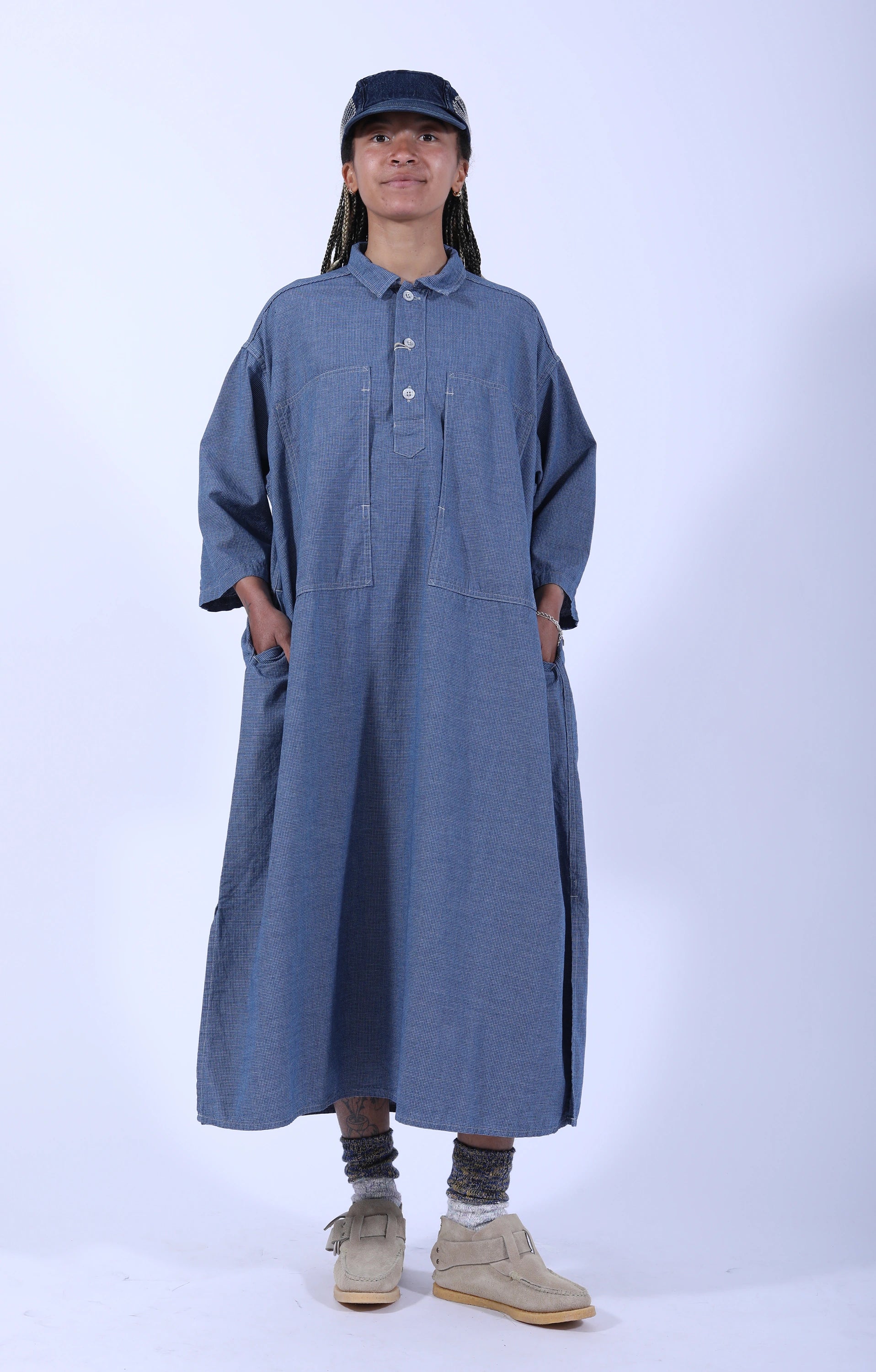 7/8 Sleeve Pullover Dress Check Chambray