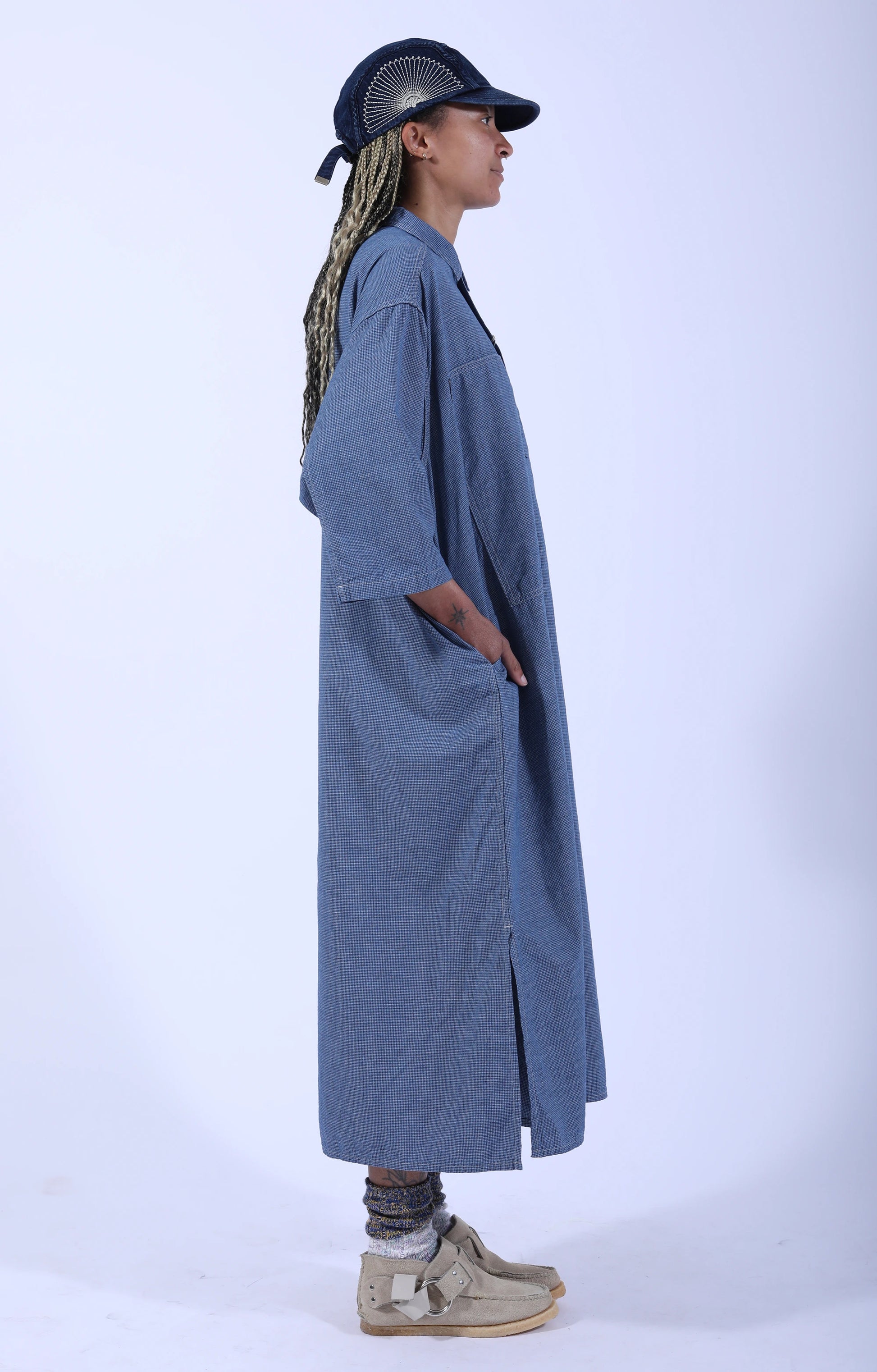 7/8 Sleeve Pullover Dress Check Chambray