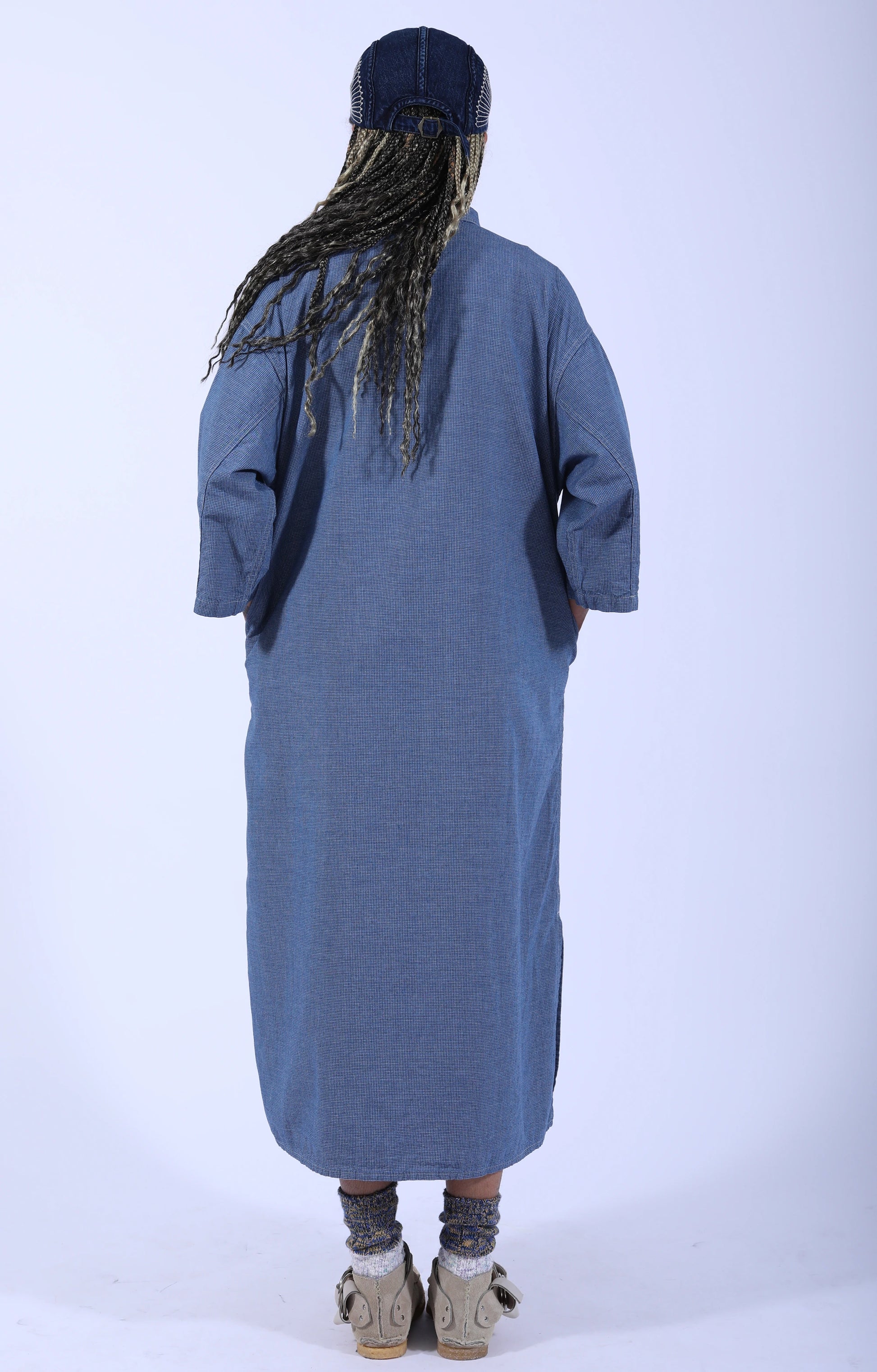 7/8 Sleeve Pullover Dress Check Chambray
