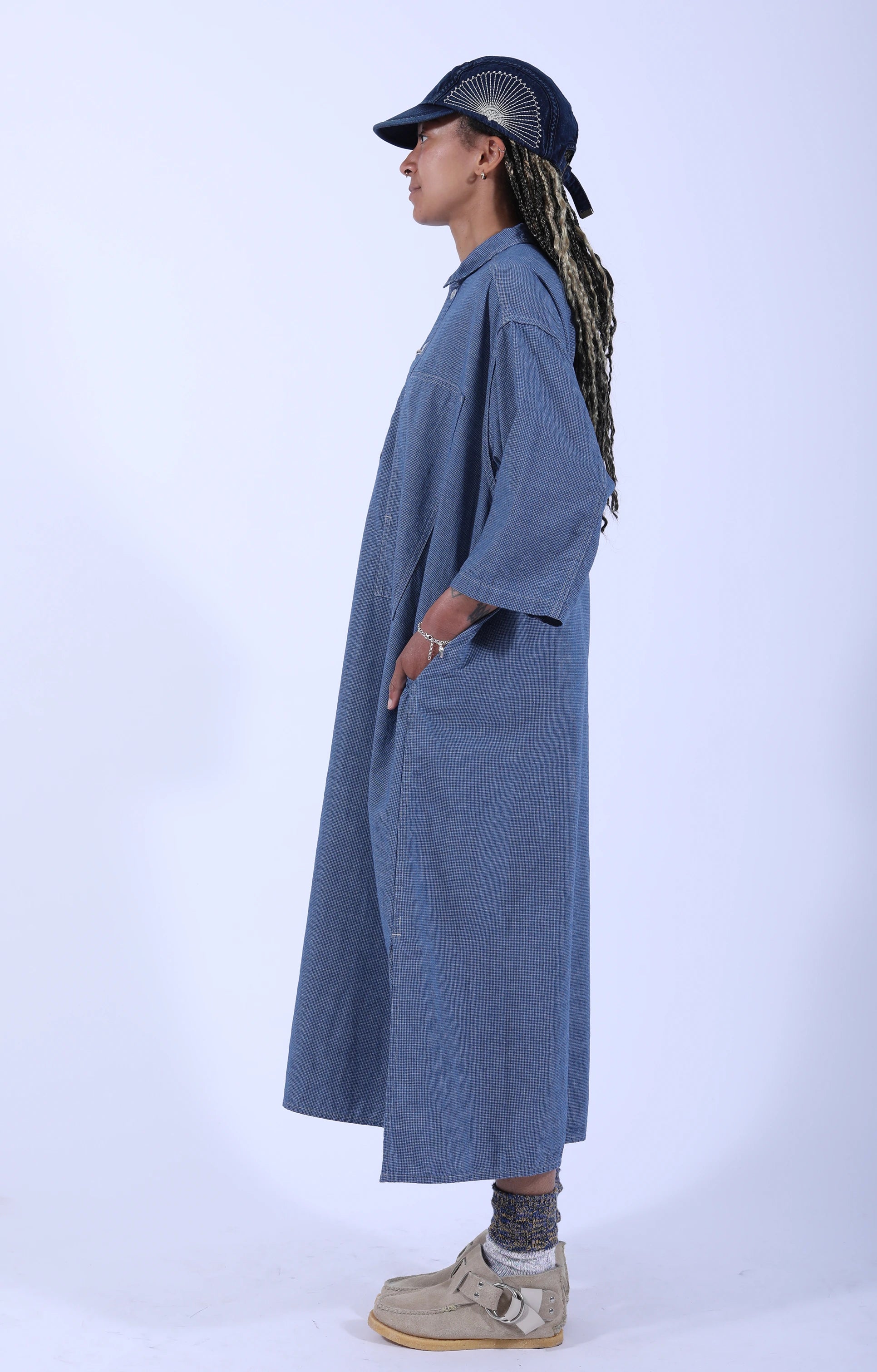 7/8 Sleeve Pullover Dress Check Chambray
