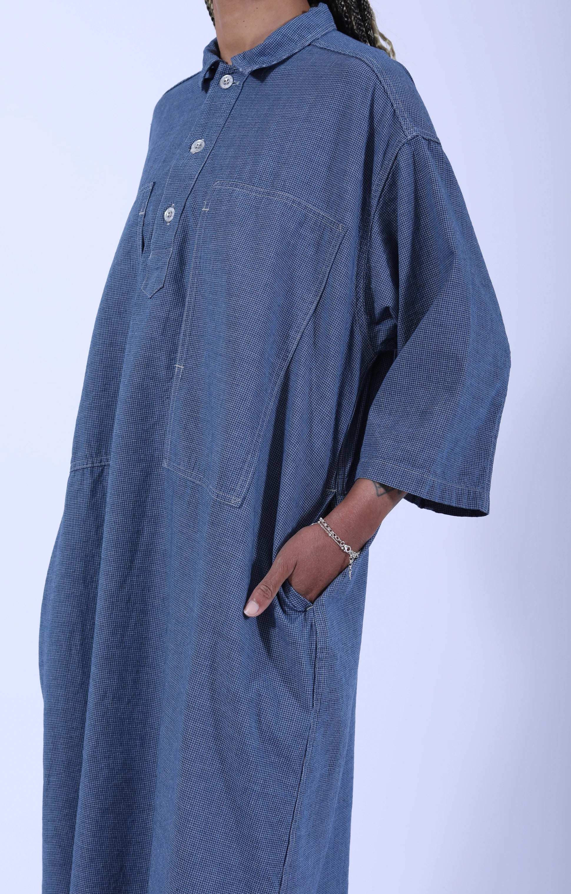 7/8 Sleeve Pullover Dress Check Chambray