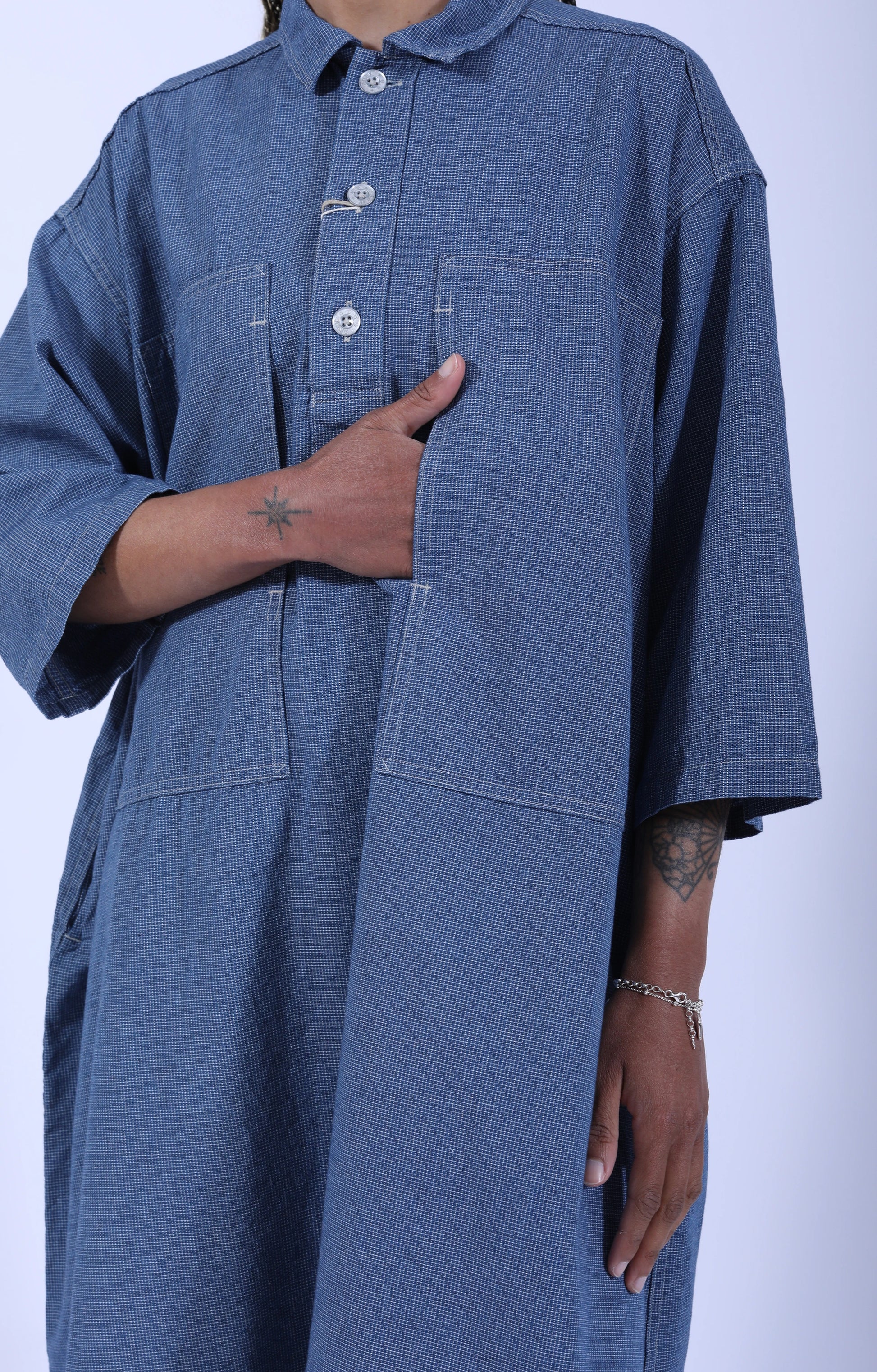7/8 Sleeve Pullover Dress Check Chambray