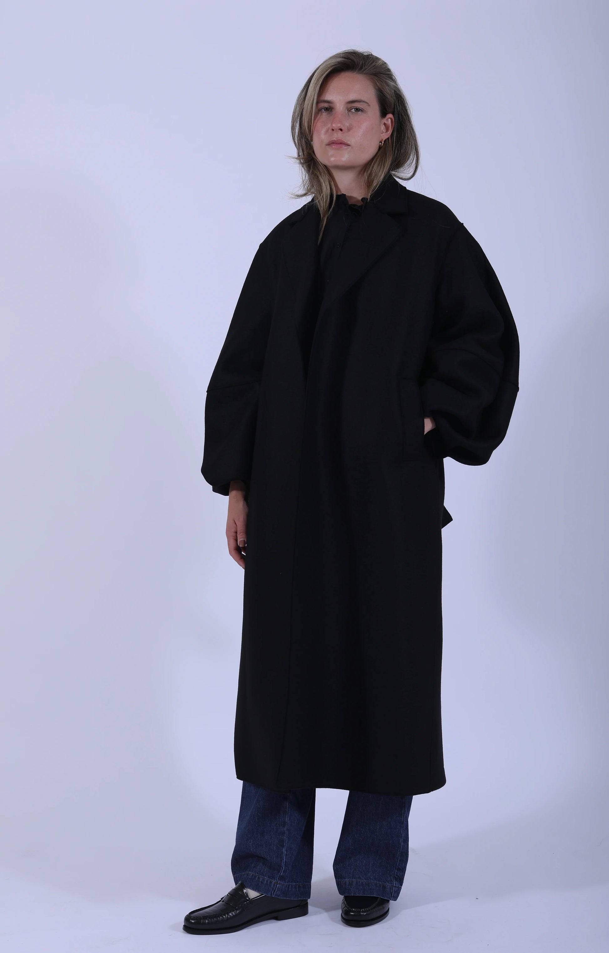 Long Puff Sleeves Coat Pressed Wool Black