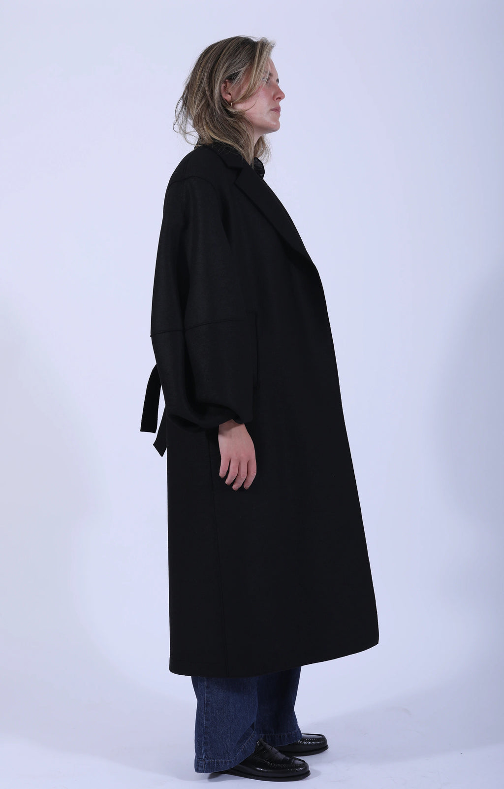 Long Puff Sleeves Coat Pressed Wool Black