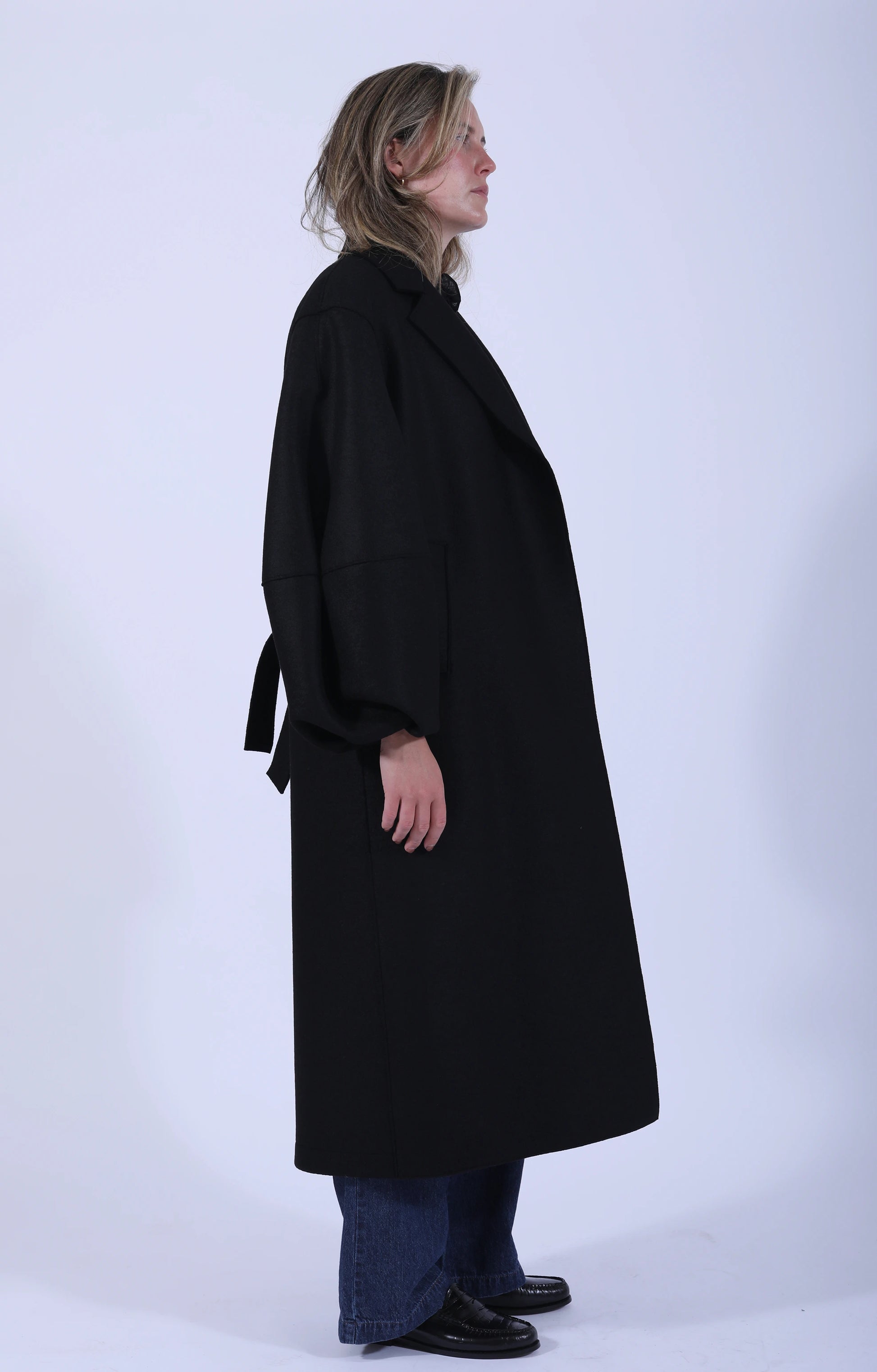 Long Puff Sleeves Coat Pressed Wool Black