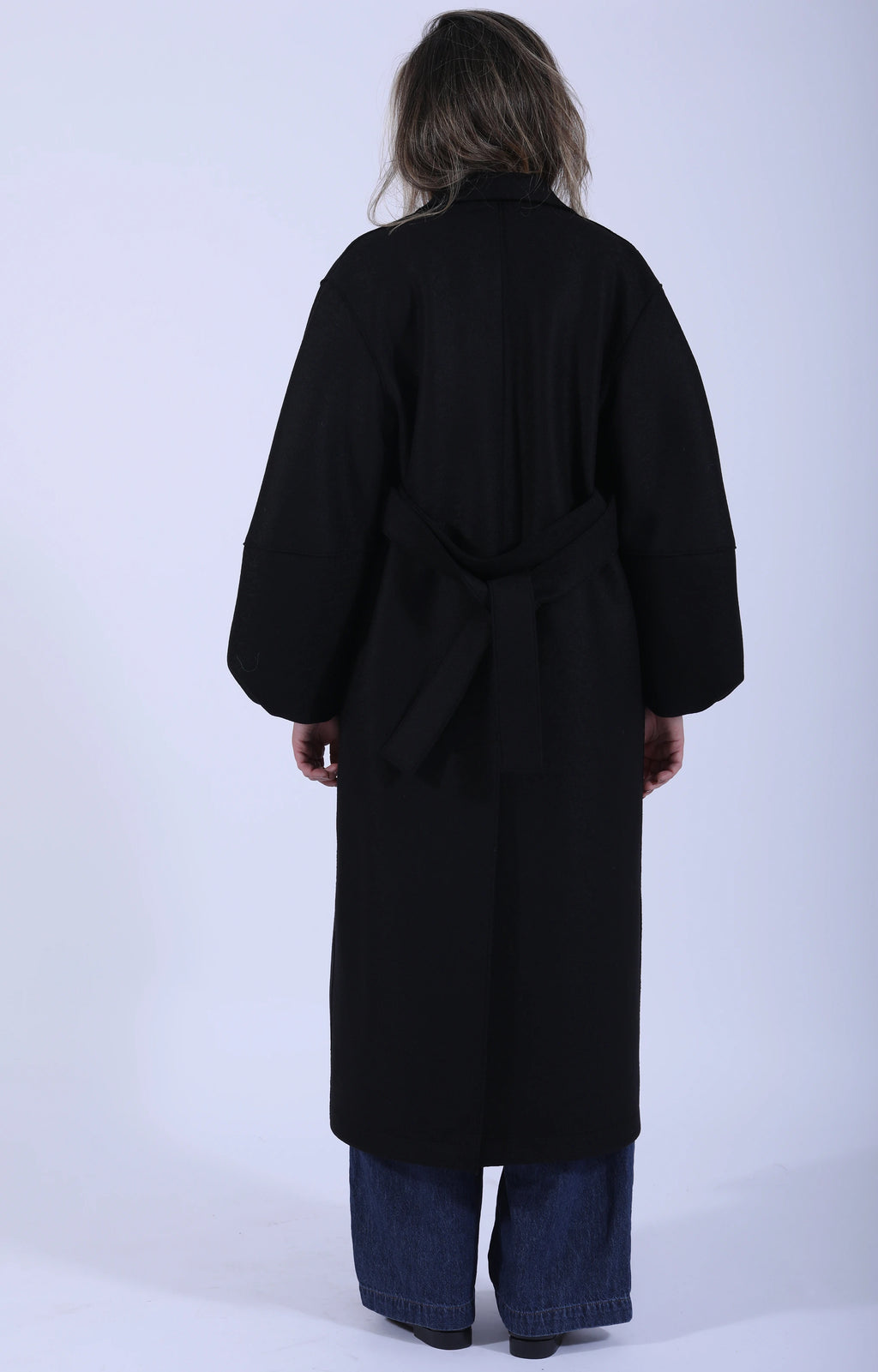 Long Puff Sleeves Coat Pressed Wool Black