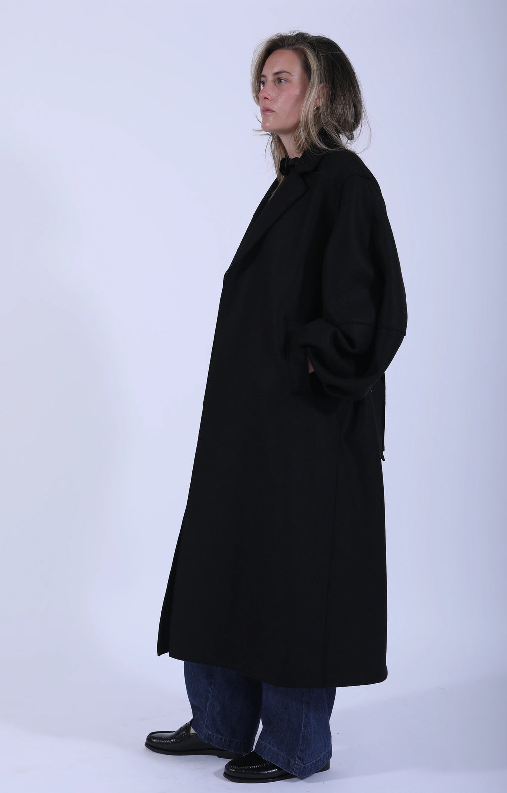 Long Puff Sleeves Coat Pressed Wool Black