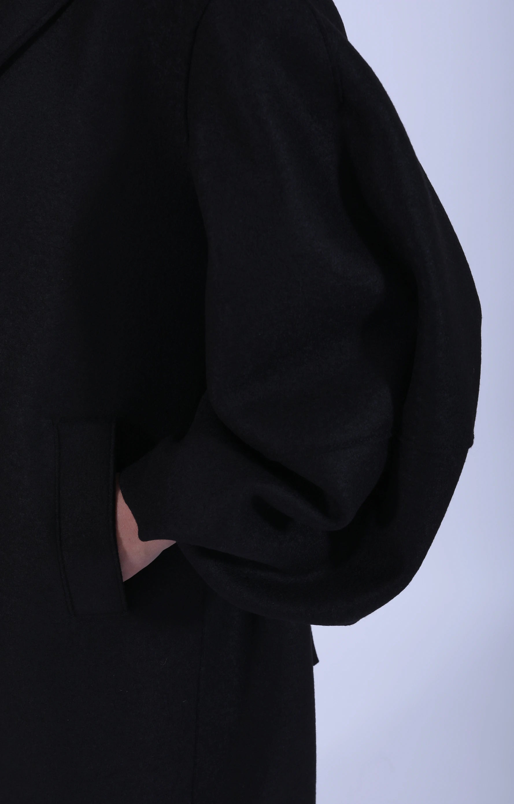 Long Puff Sleeves Coat Pressed Wool Black