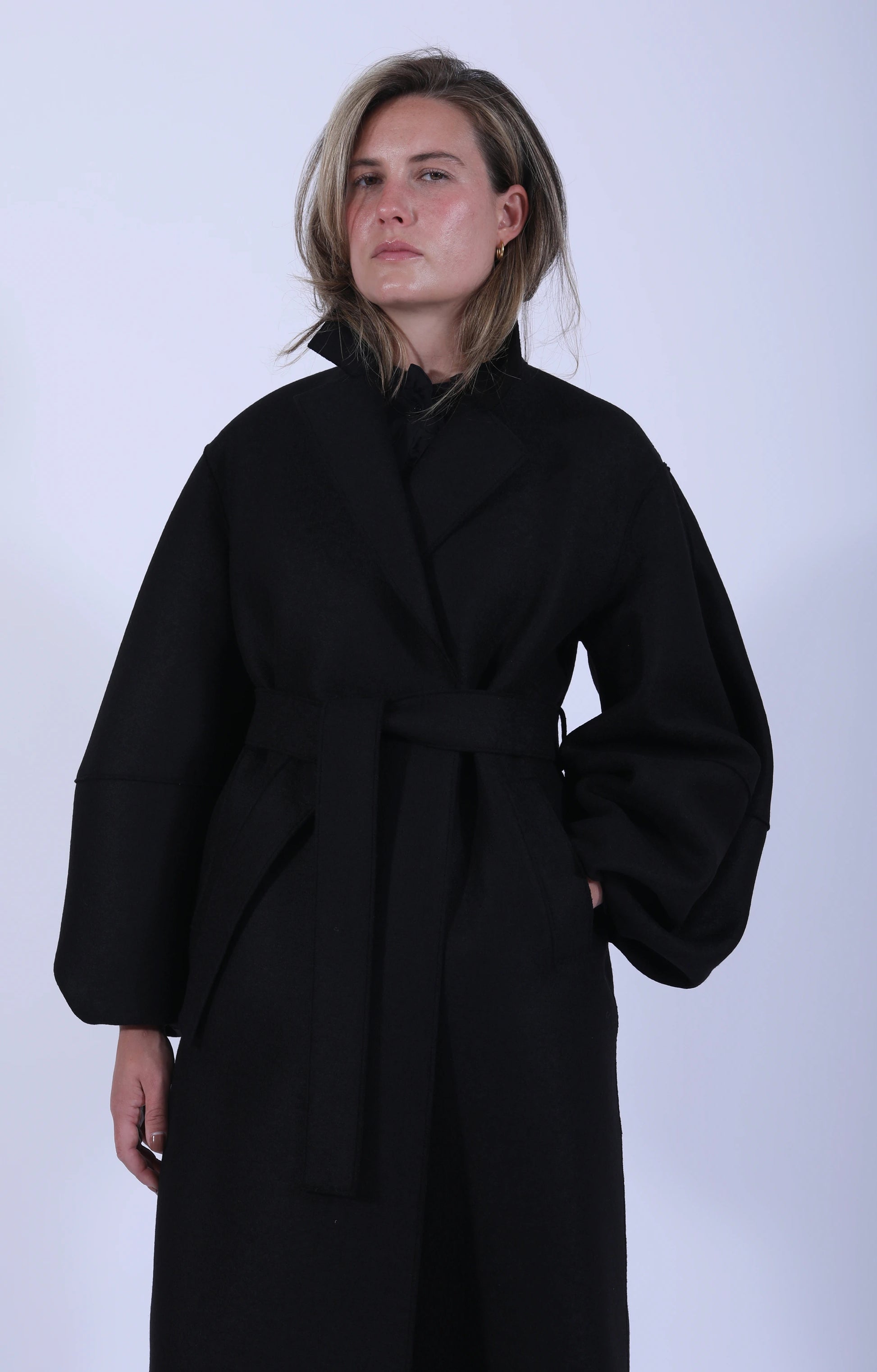 Long Puff Sleeves Coat Pressed Wool Black