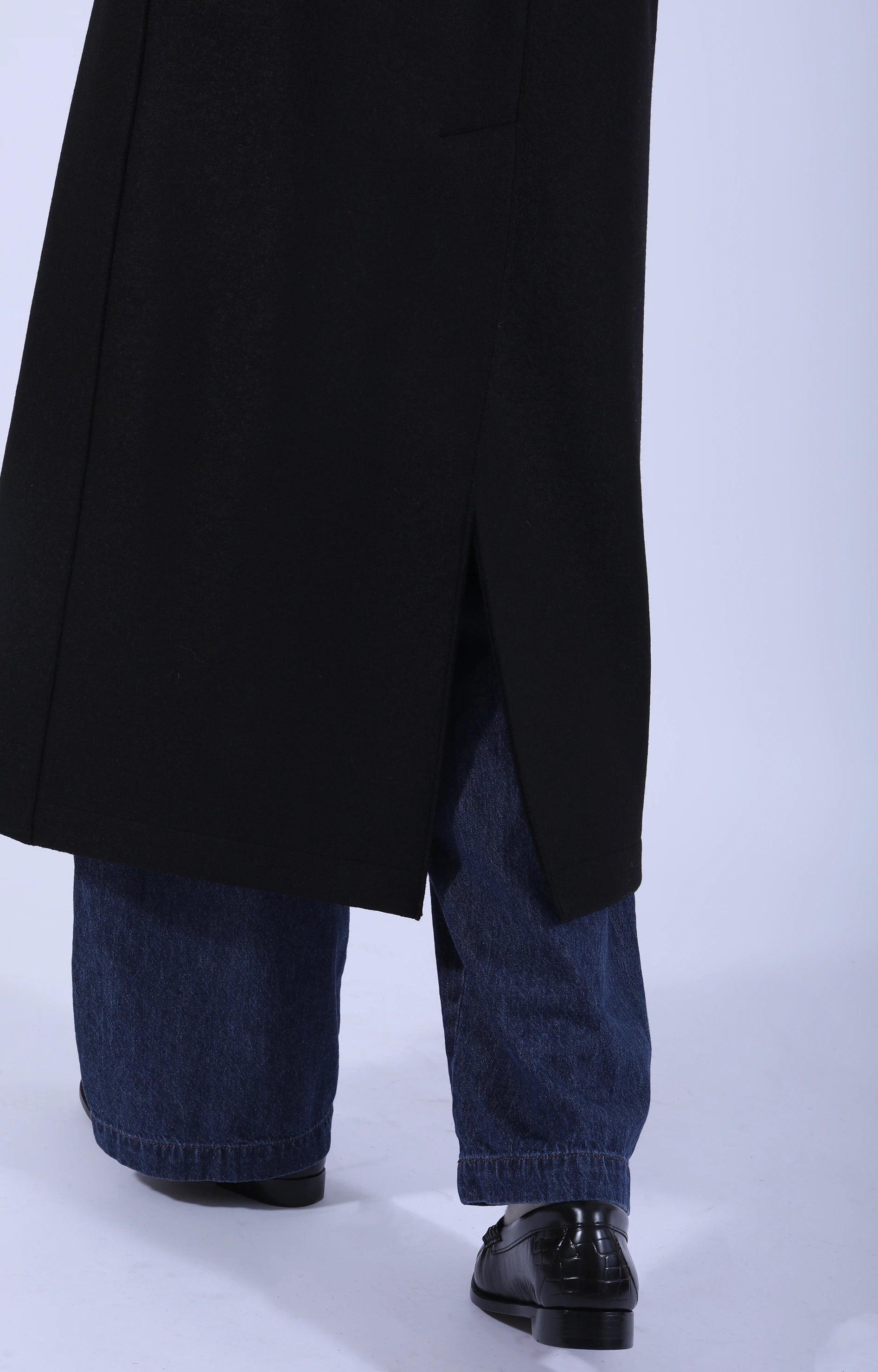 Long Puff Sleeves Coat Pressed Wool Black