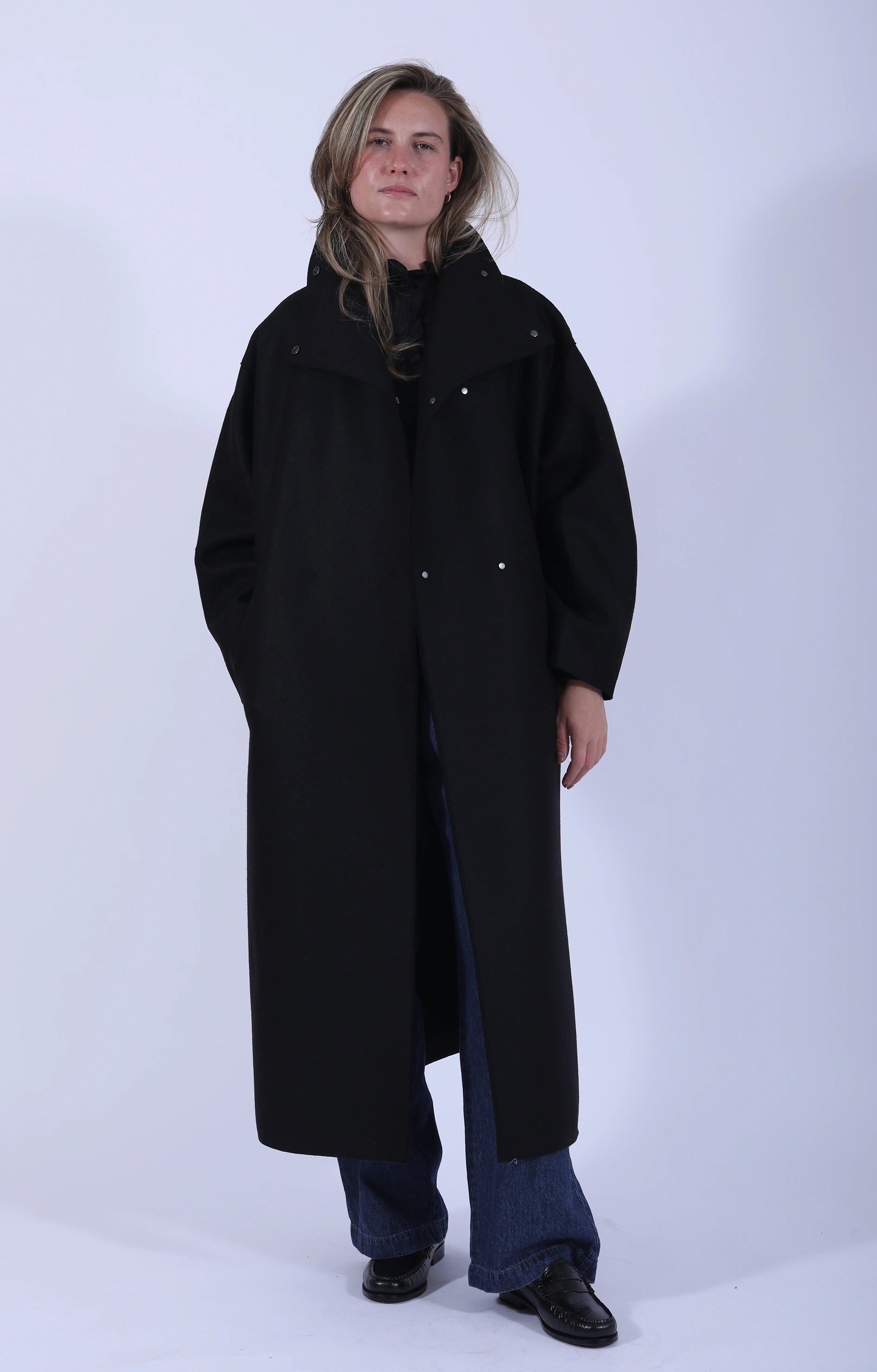 Funnel Neck Oversized Coat Pressed Wool Black