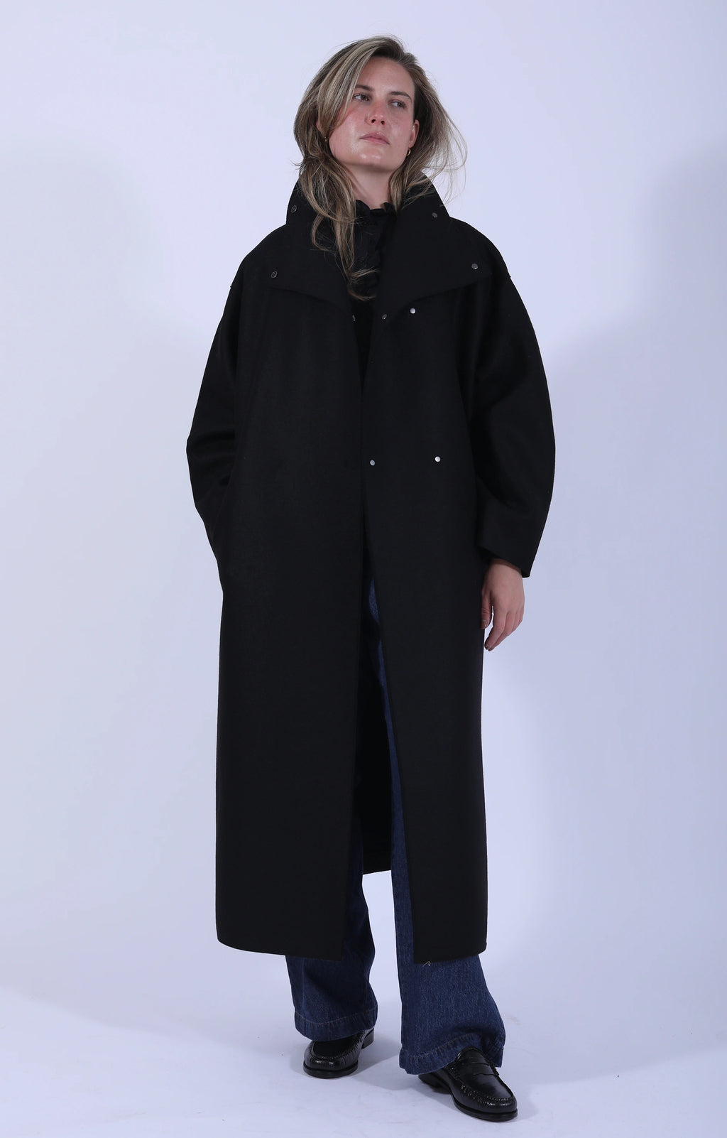 Funnel Neck Oversized Coat Pressed Wool Black