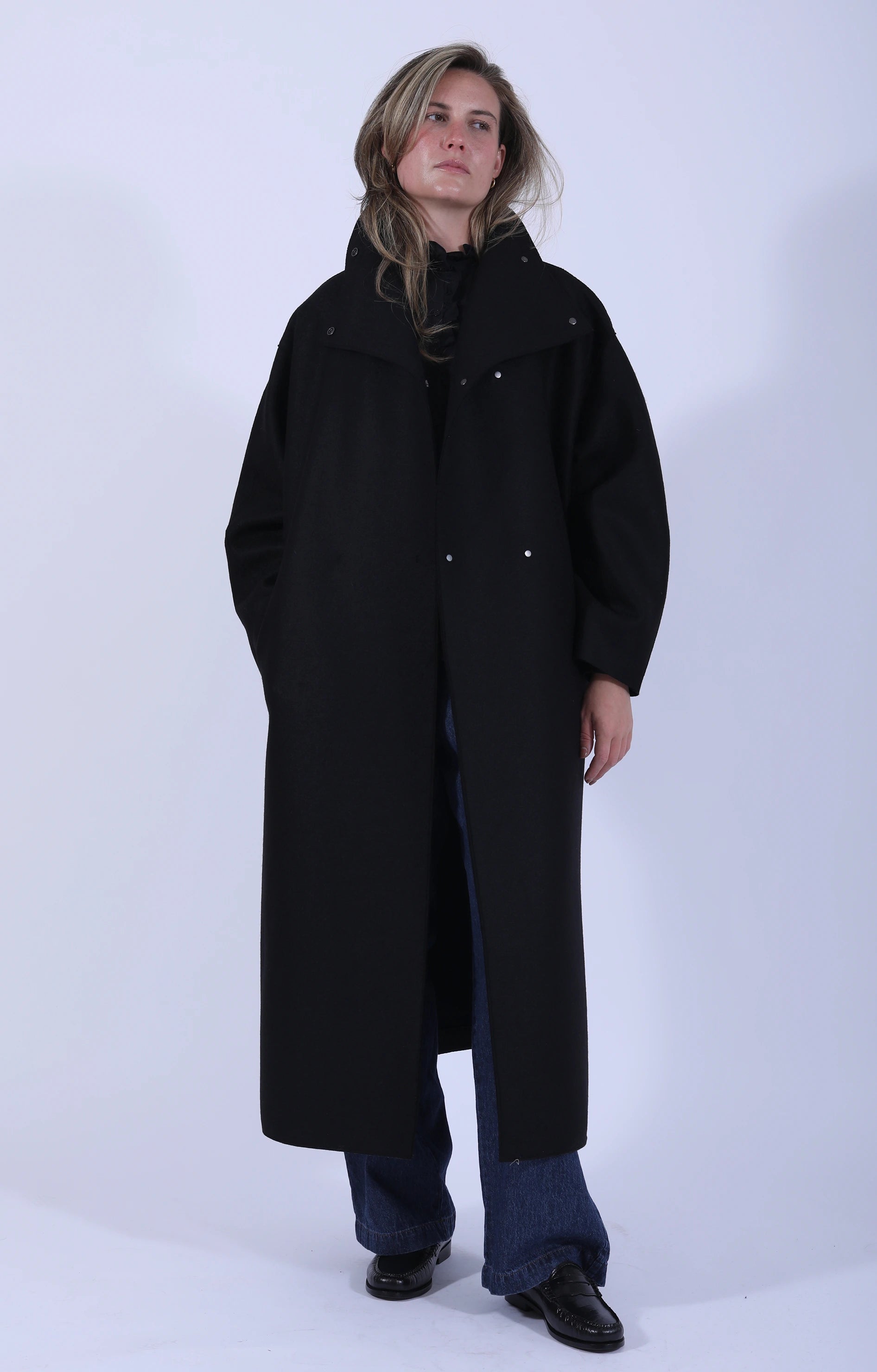 Funnel Neck Oversized Coat Pressed Wool Black