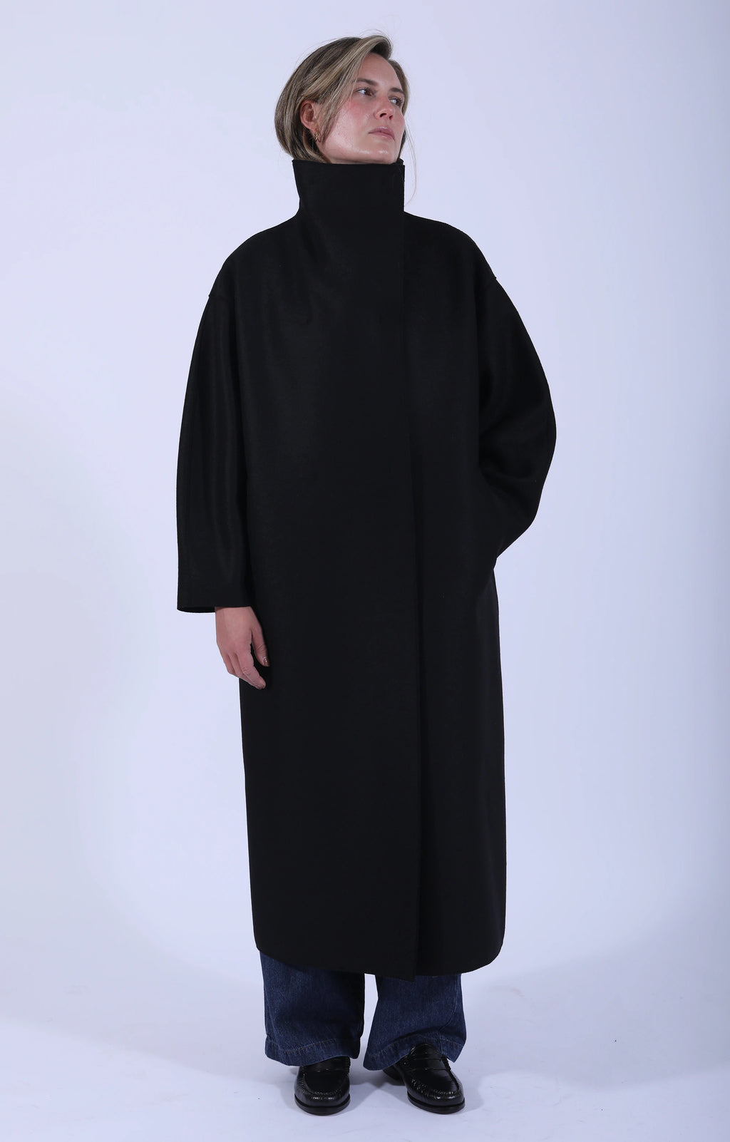 Funnel Neck Oversized Coat Pressed Wool Black