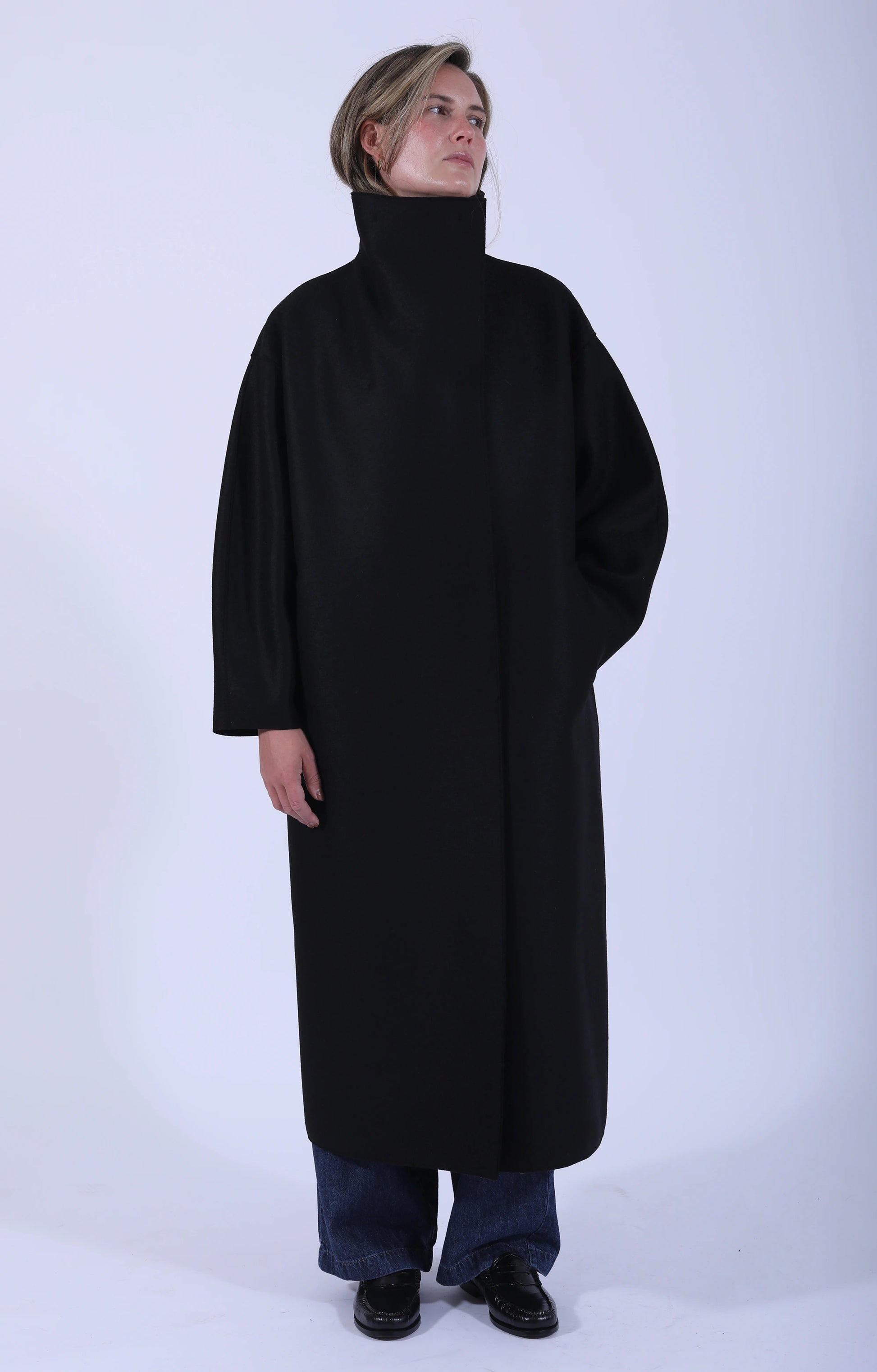 Funnel Neck Oversized Coat Pressed Wool Black