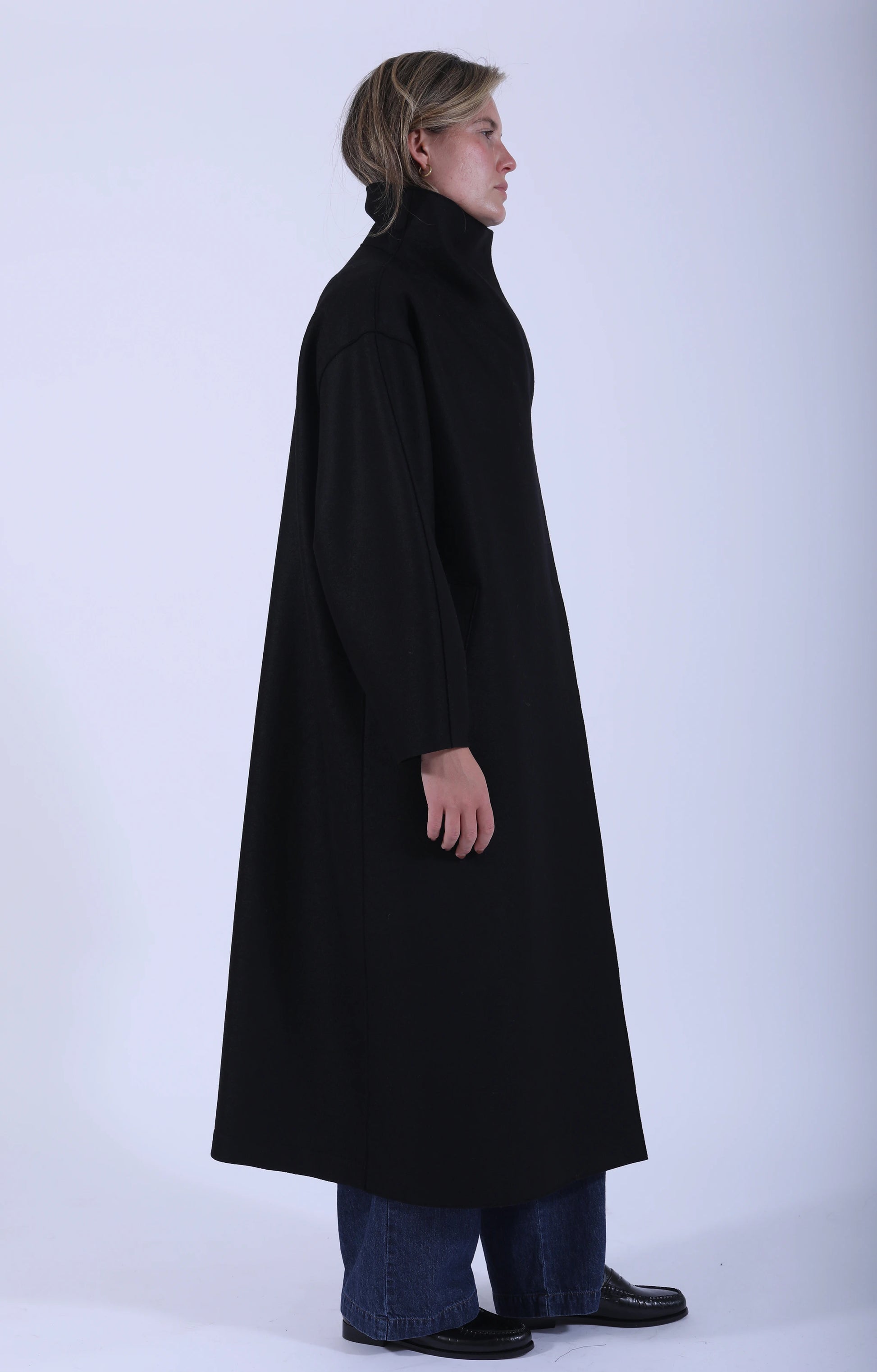 Funnel Neck Oversized Coat Pressed Wool Black
