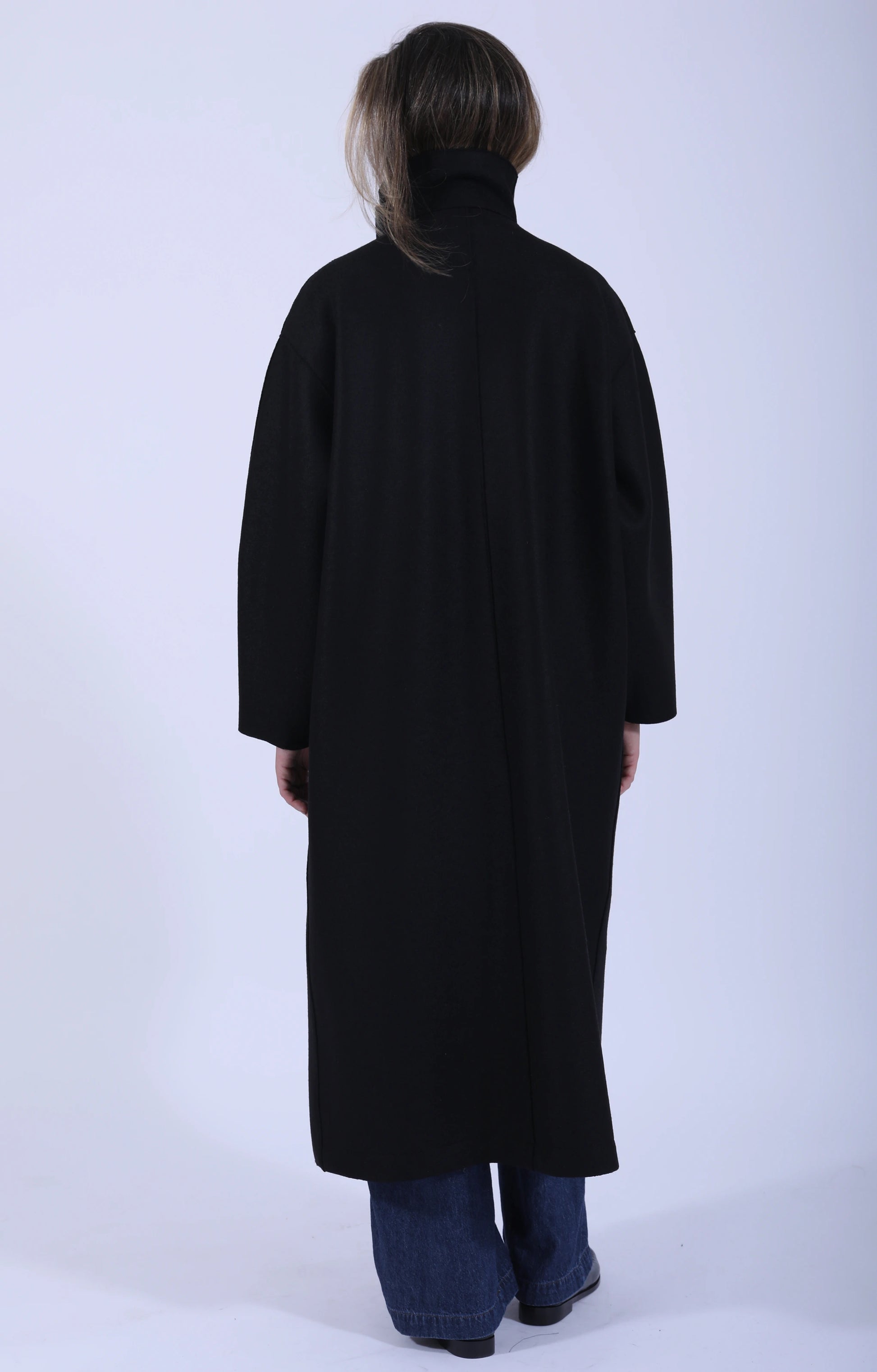 Funnel Neck Oversized Coat Pressed Wool Black