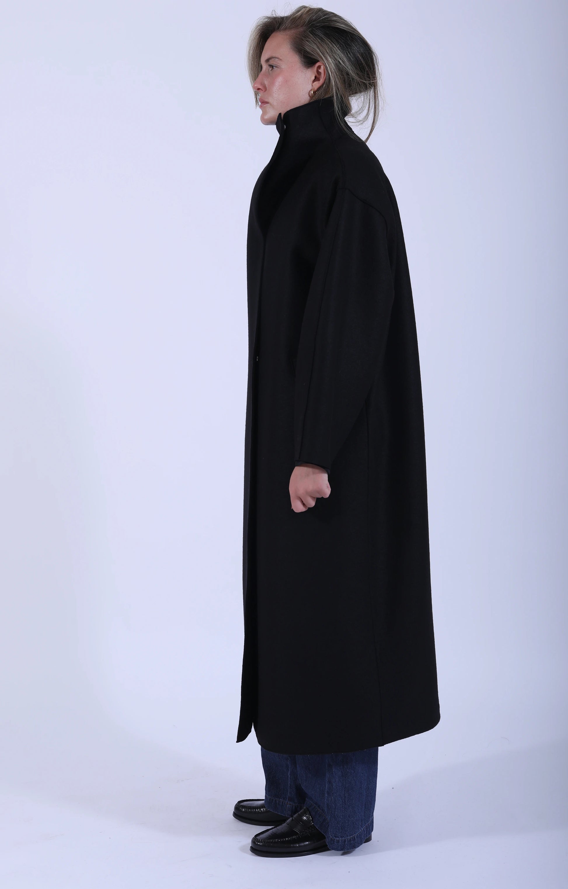 Funnel Neck Oversized Coat Pressed Wool Black