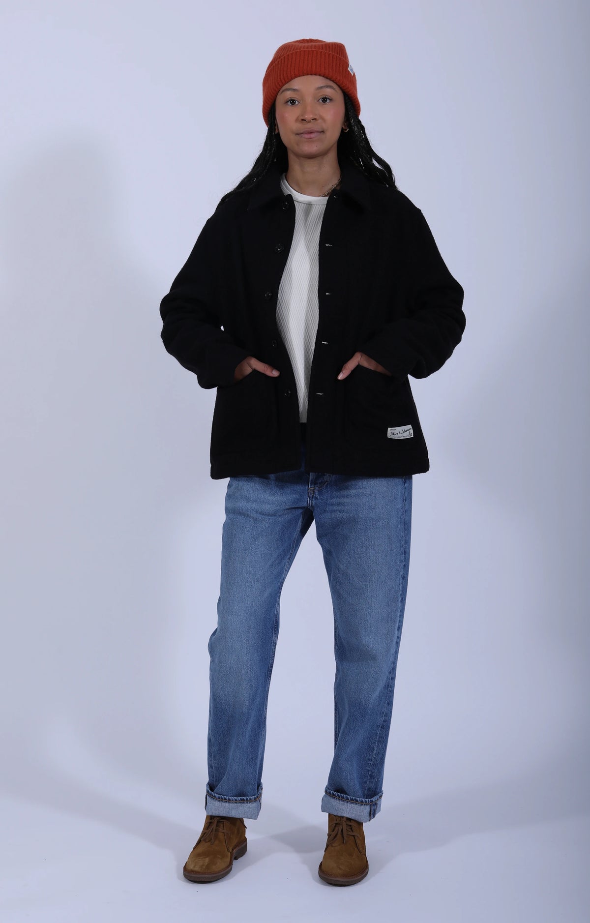 Woven Wool Cropped Worker's Jacket Black
