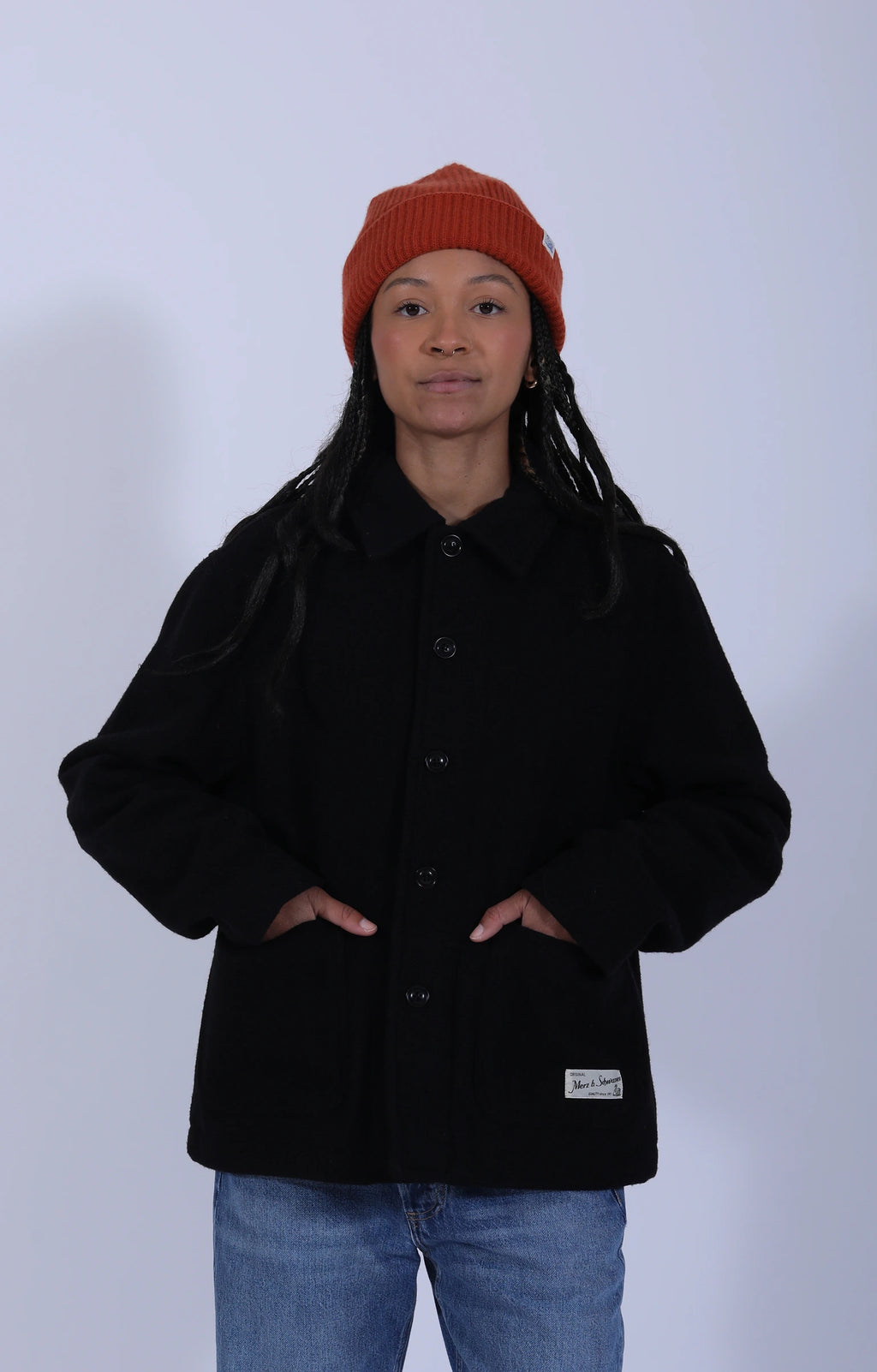 Woven Wool Cropped Worker's Jacket Black